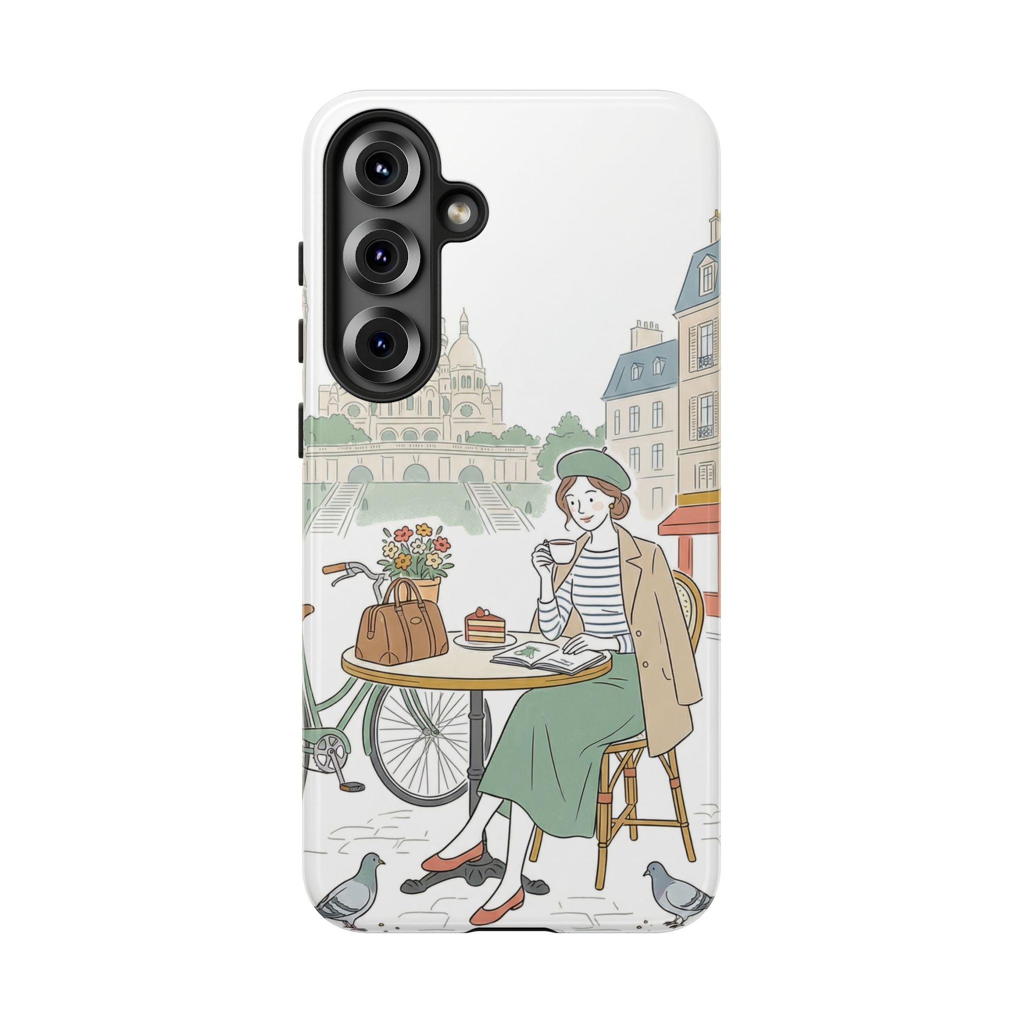 Paris Cafe Illustration Samsung Galaxy Phone Case | Vintage Bicycles & Pigeons Protective Cover