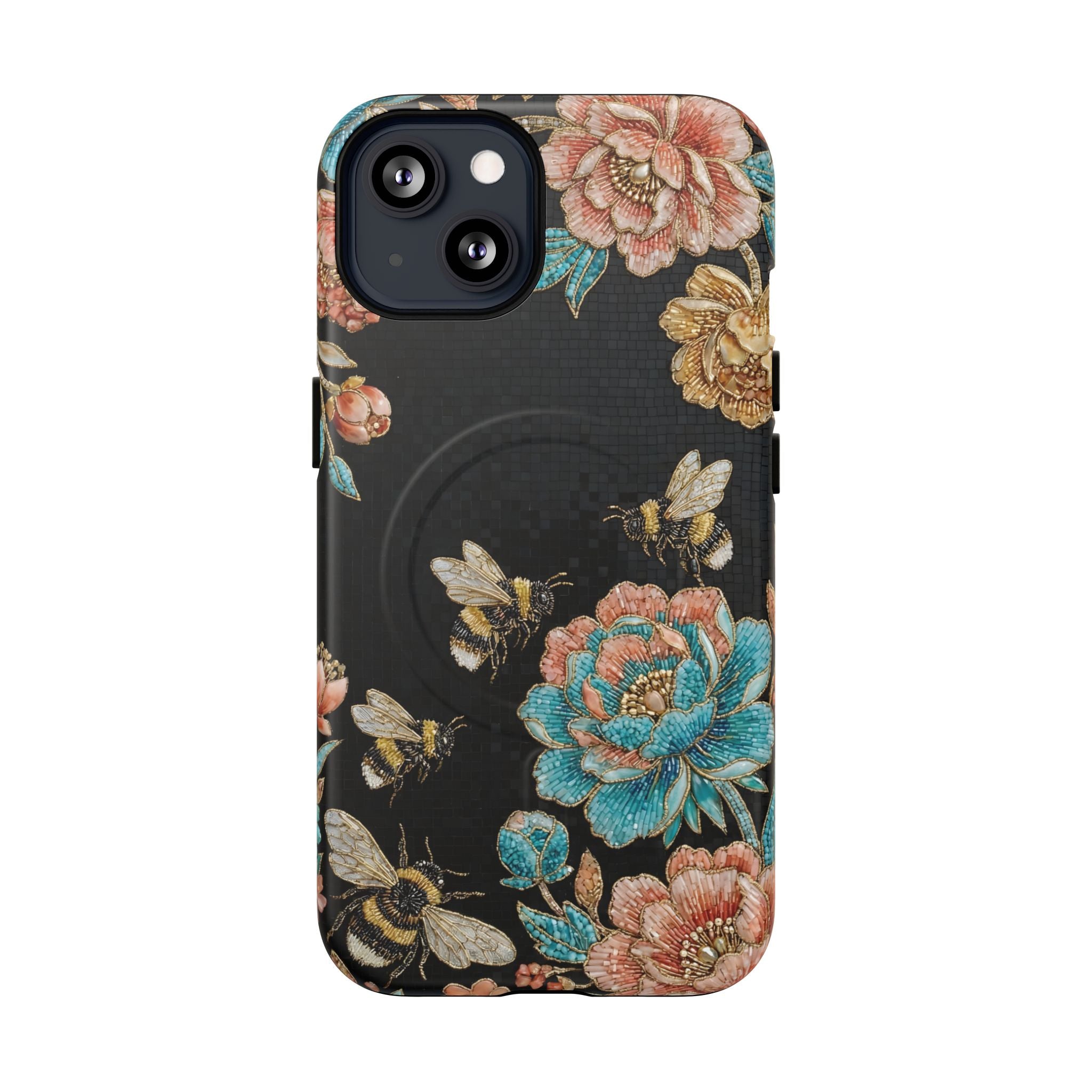 Floral Bees Tough MagSafe iPhone Case | Vintage Rose & Bumblebee Protective Cover