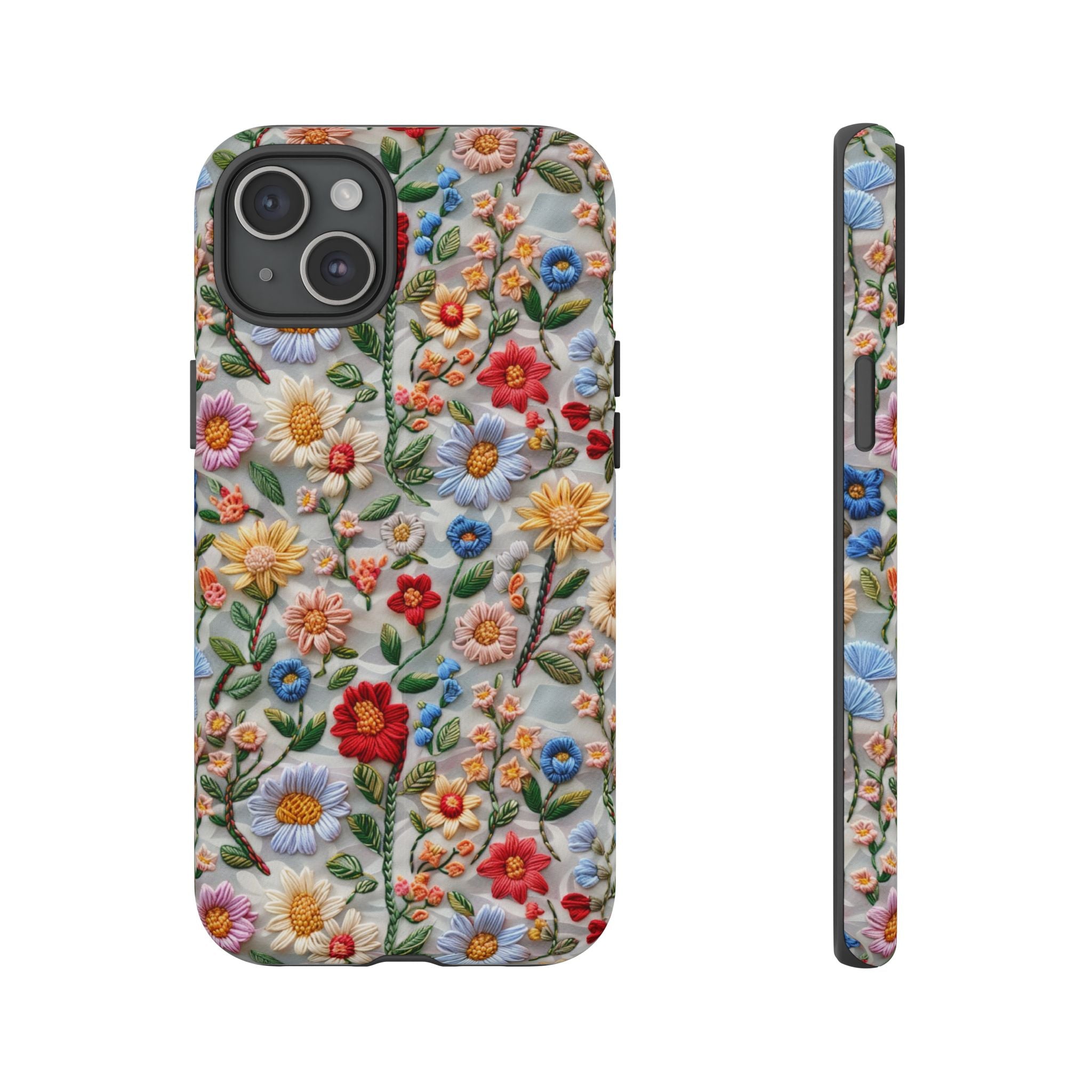 Floral Embroidered Pattern Tough iPhone Case — Colourful Daisy & Wildflower Design