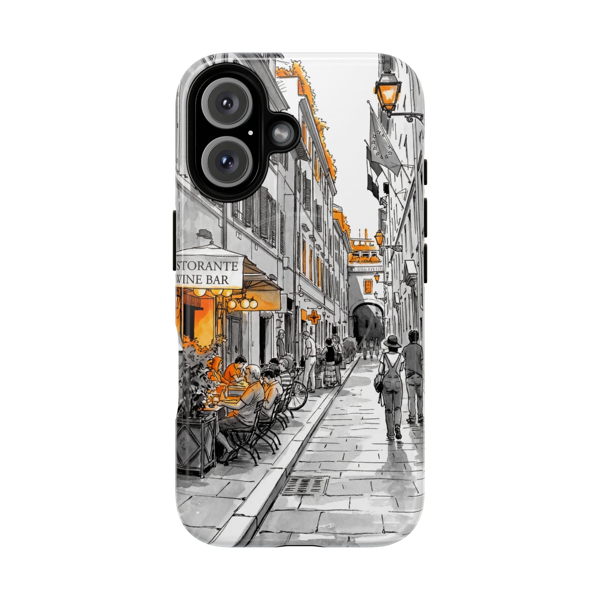 Custodia per iPhone con scena di strada in Italia | Custodia MagSafe resistente con dettagli arancioni