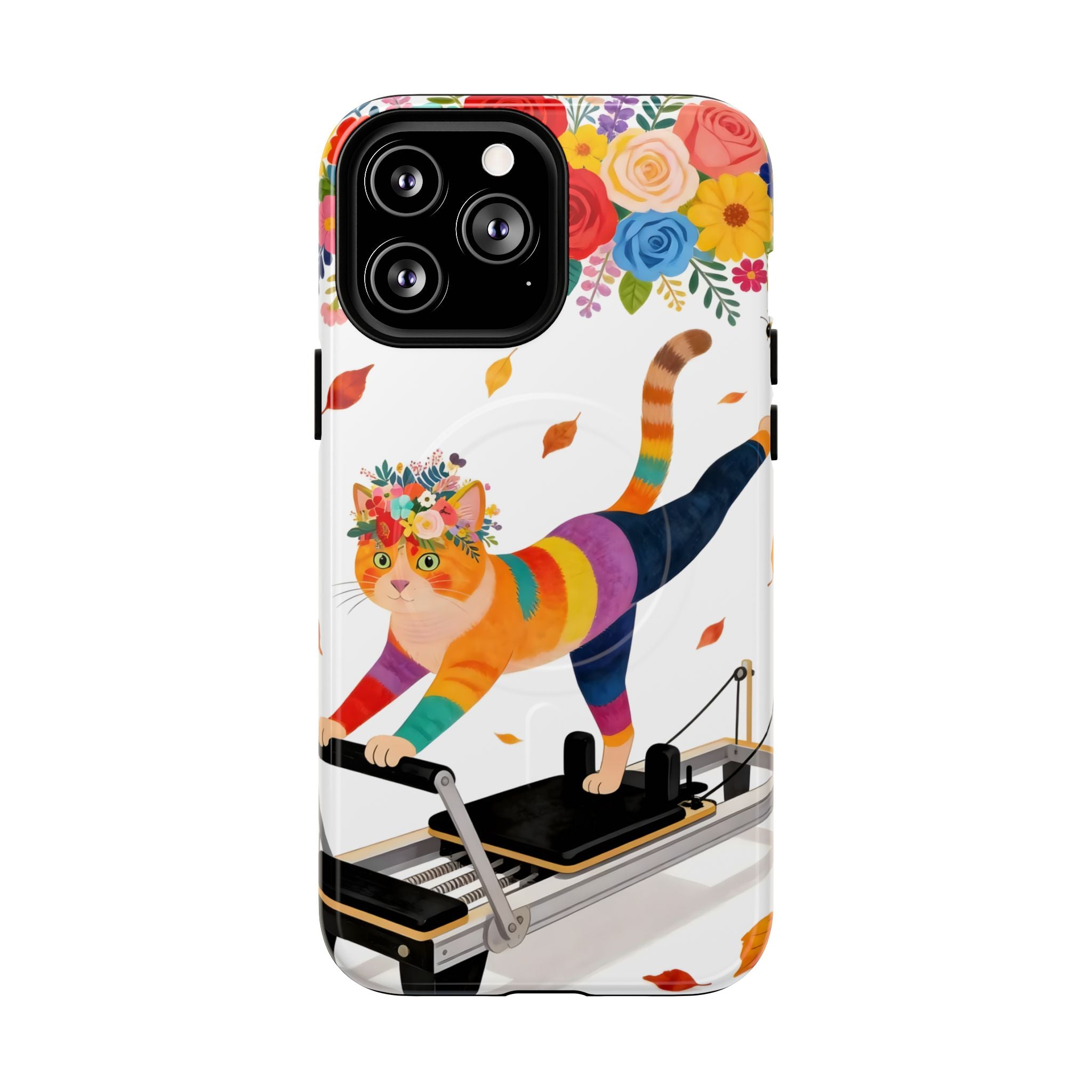 Cat Pilates MagSafe iPhone Case | Floral Rainbow Cat on Reformer