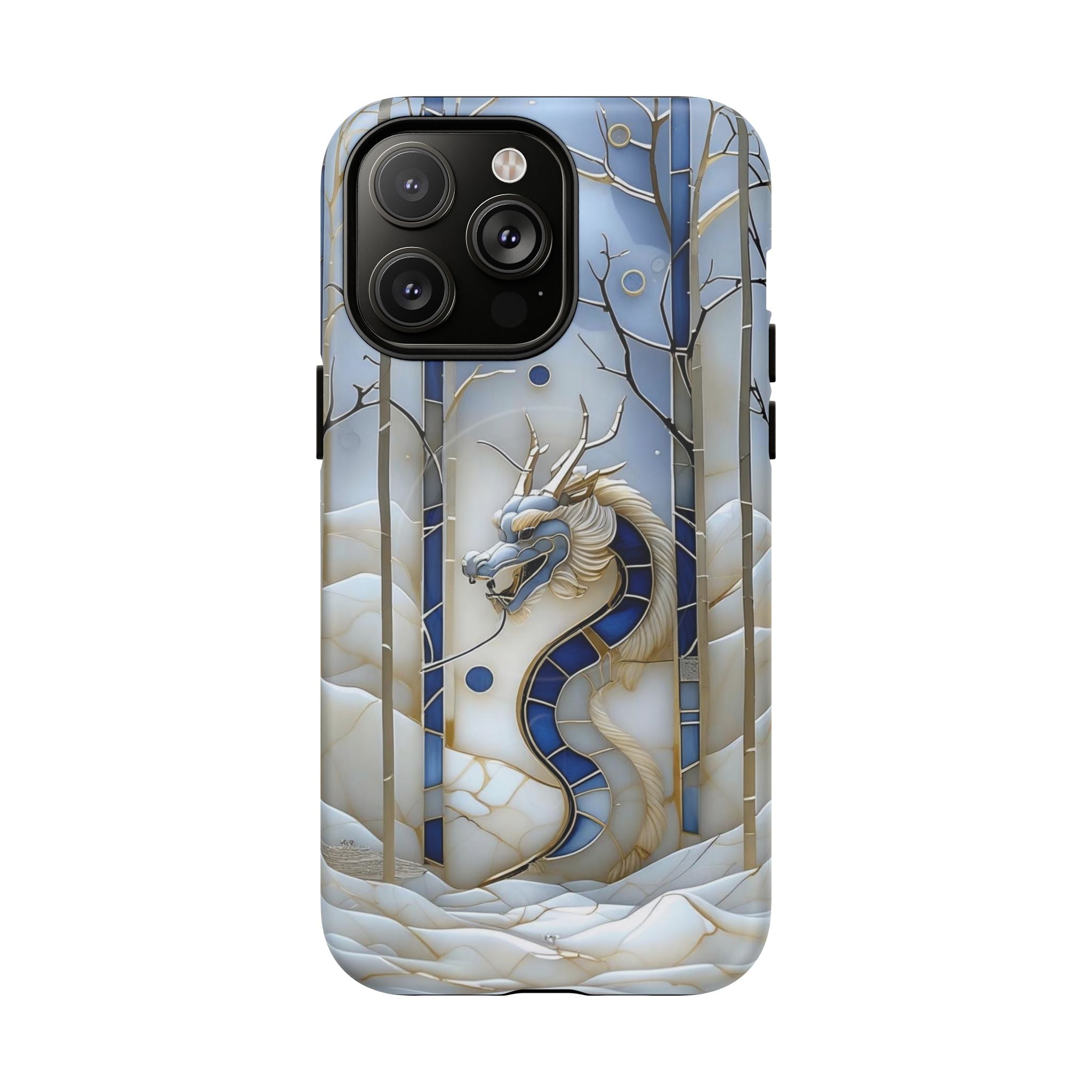 Dragon Stained Glass Tough MagSafe Phone Case — Blue & Ivory Medieval Art