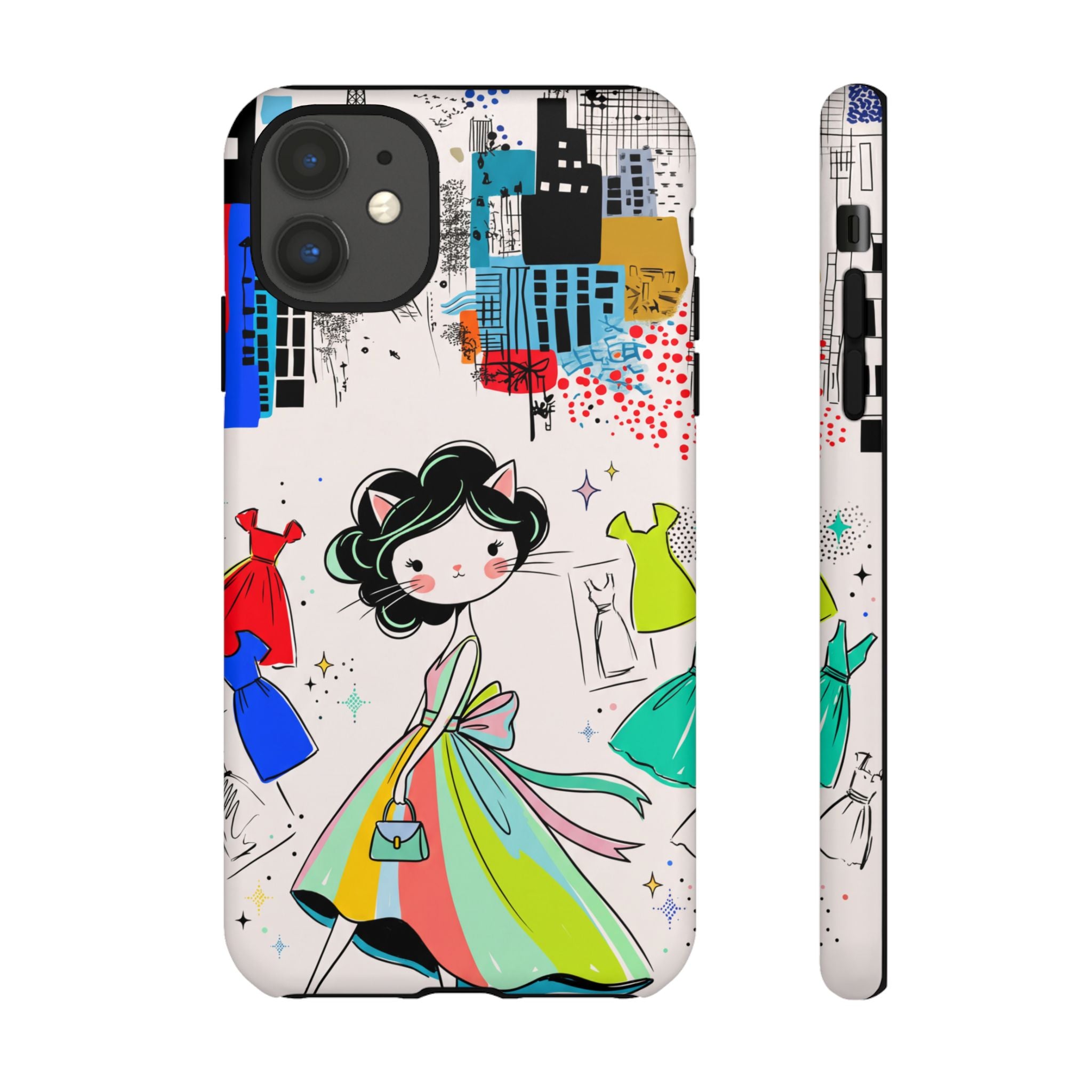 Retro Fashion Cat Girl iPhone Case | Cute Dress & City Print
