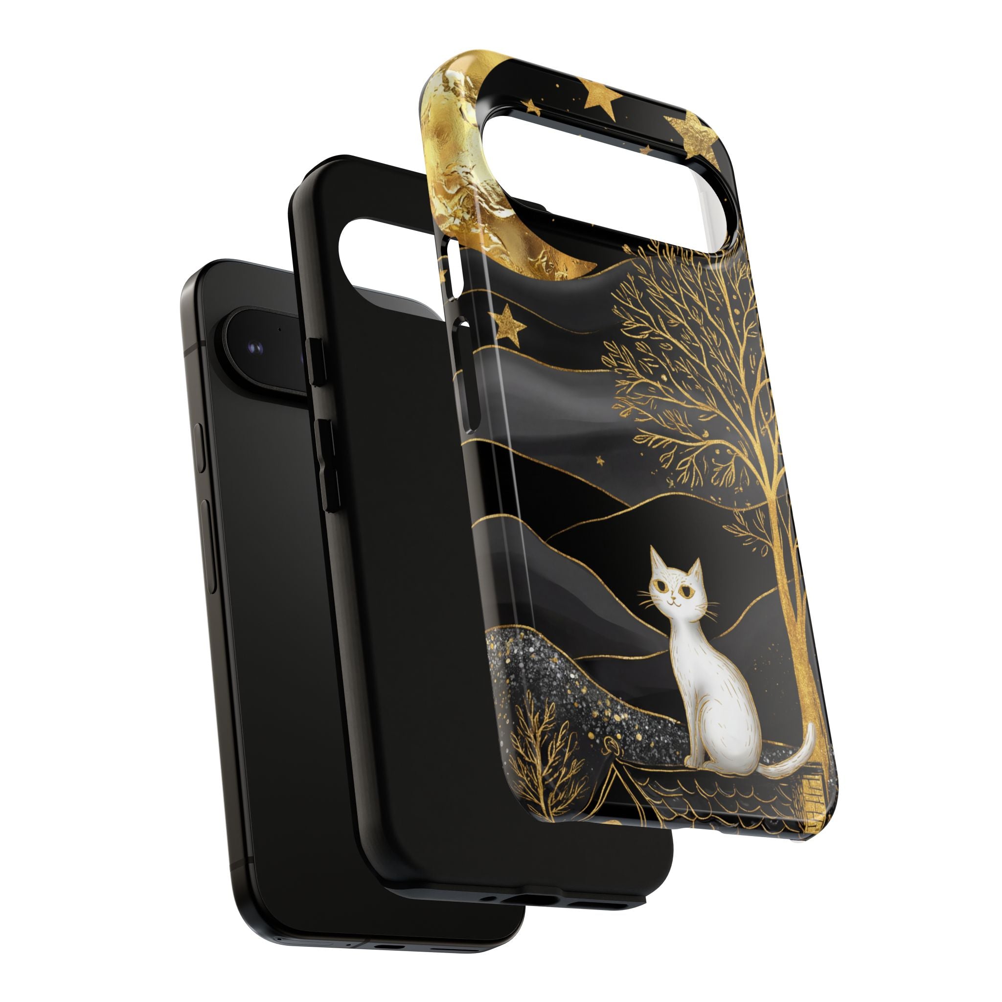 Mystic Night Cat Google Pixel Case | Gold Tree & Stars Tough Case