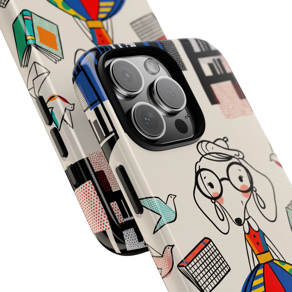 Cute Dachshund Dog Illustration iPhone Case | Colorful Whimsical Book & Bird Design