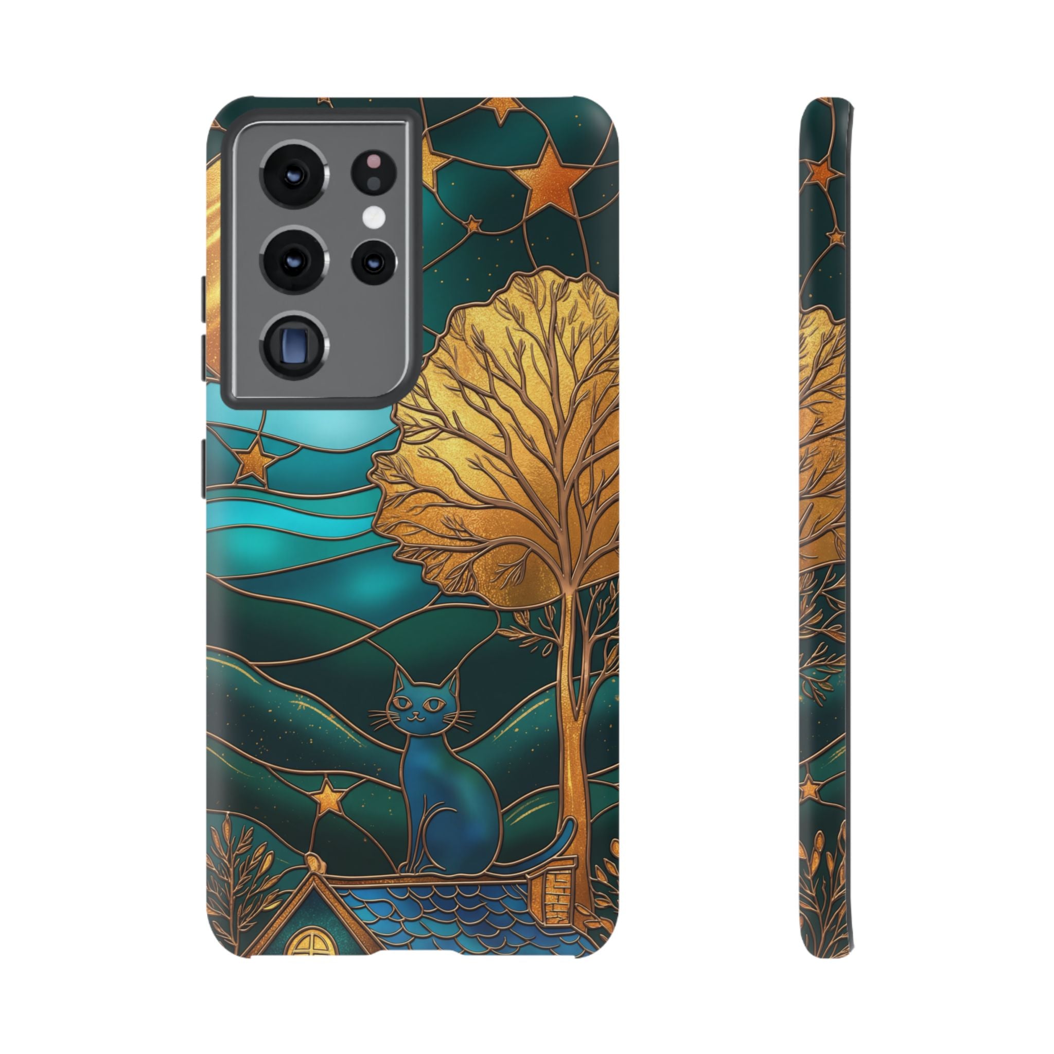 Stained Glass Cat Tough Samsung Galaxy Case | Gold Tree & Starry Night Design