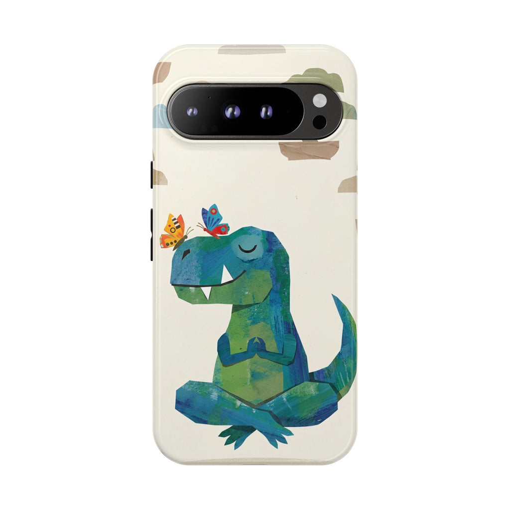 Meditating Dinosaur Google Pixel Phone Case | Cute T-Rex with Butterflies and Bonsai
