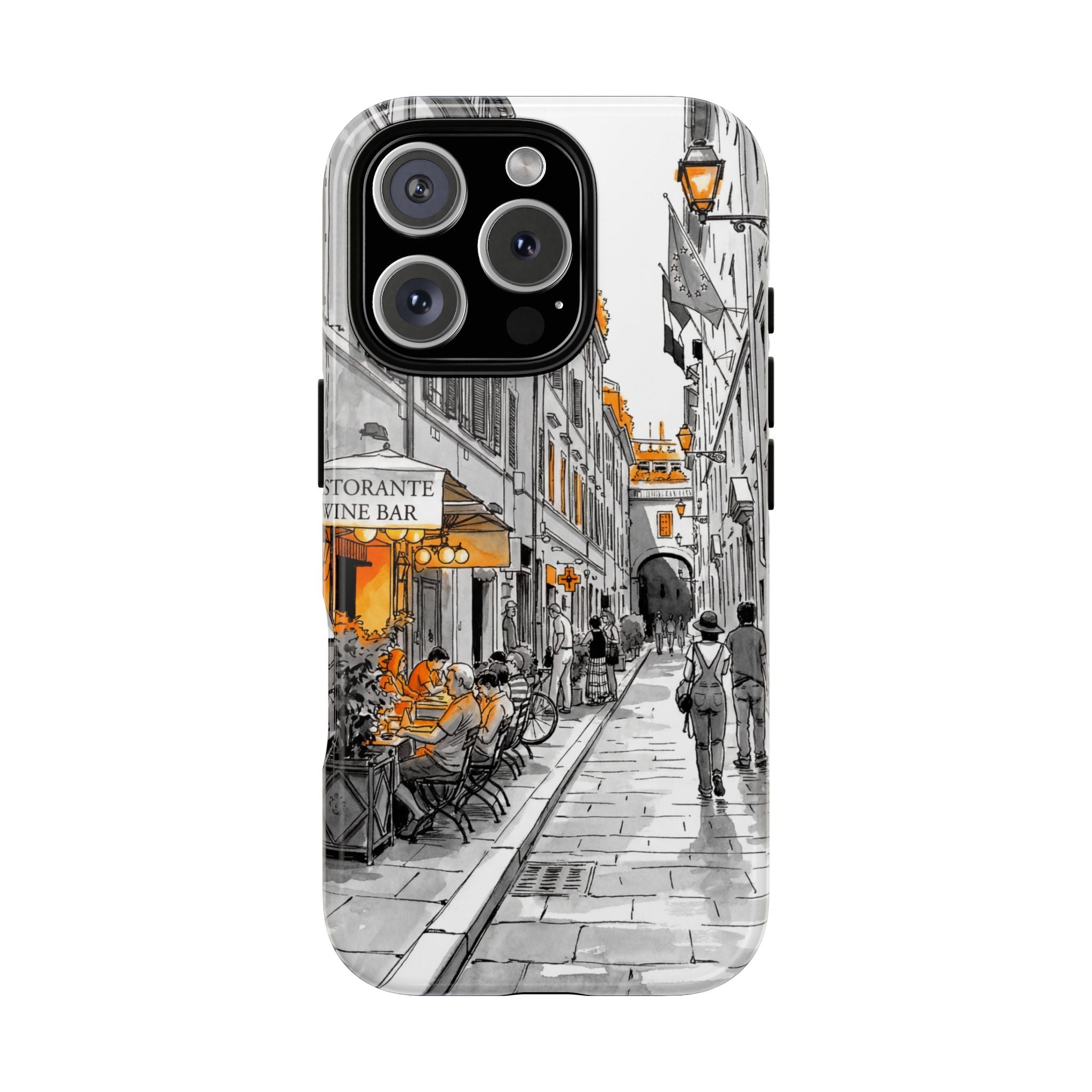 Vintage Italy Street iPhone Case | Black & White Sketch with Orange Accent