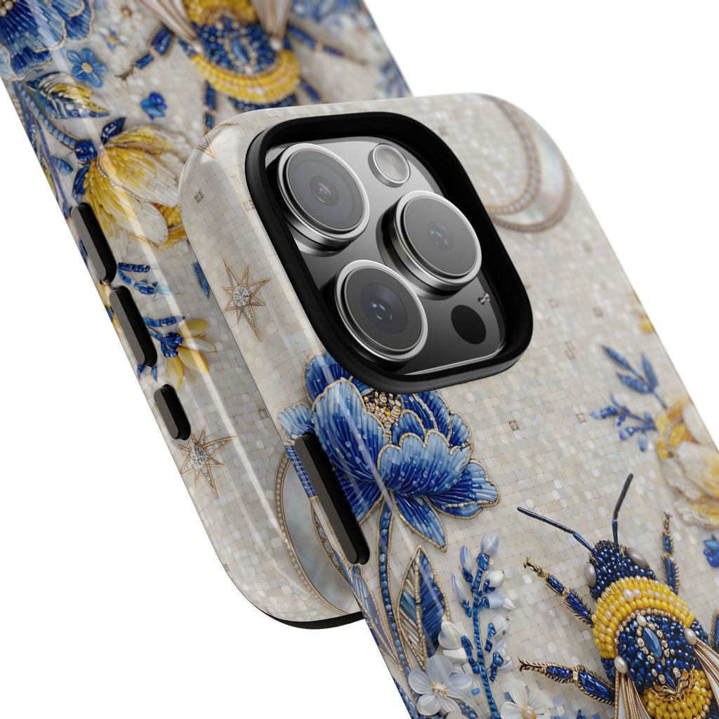 Floral Bee Tough iPhone Case | Blue & Yellow Moon Garden Design