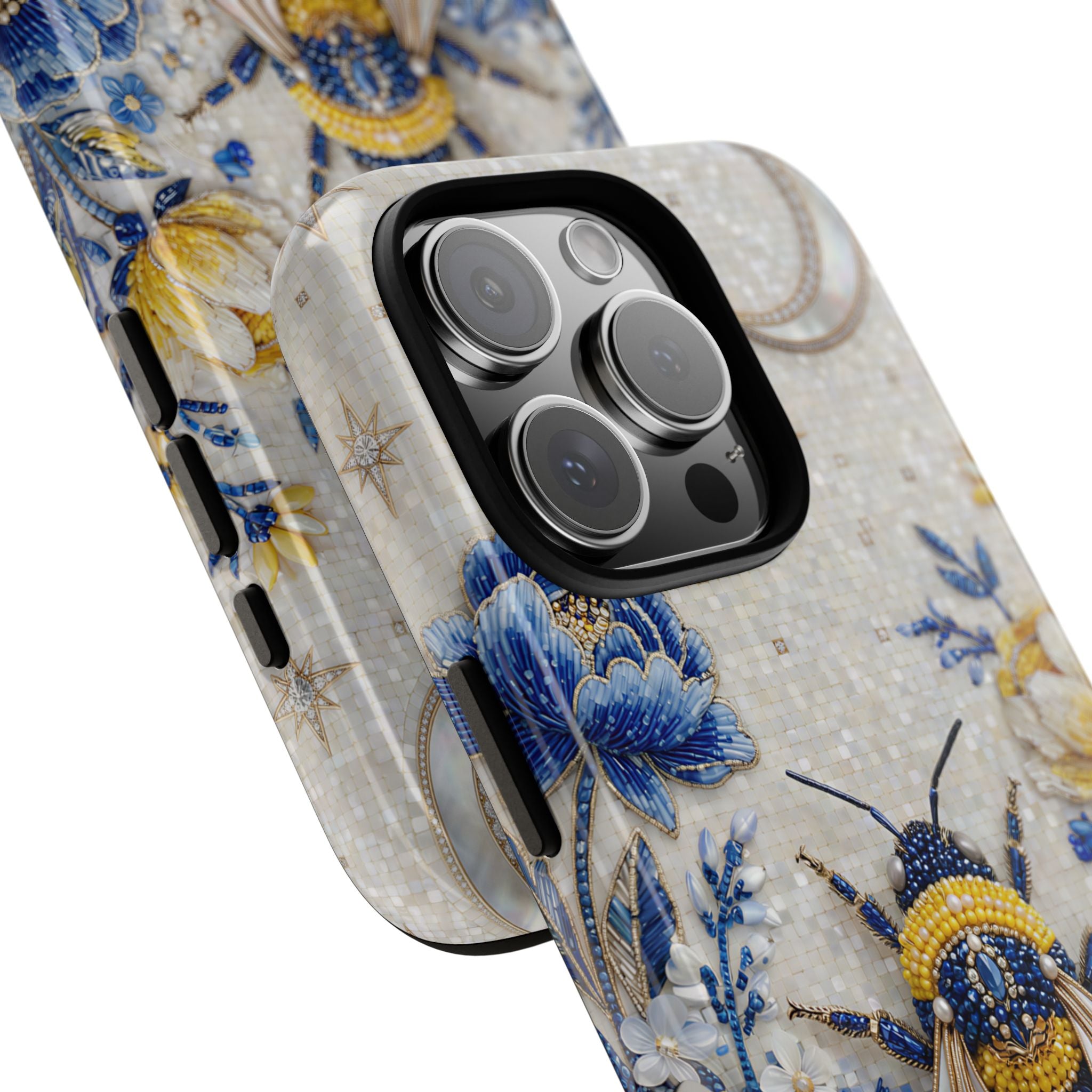 Floral Bee Tough iPhone Case | Blue & Yellow Moon Garden Design