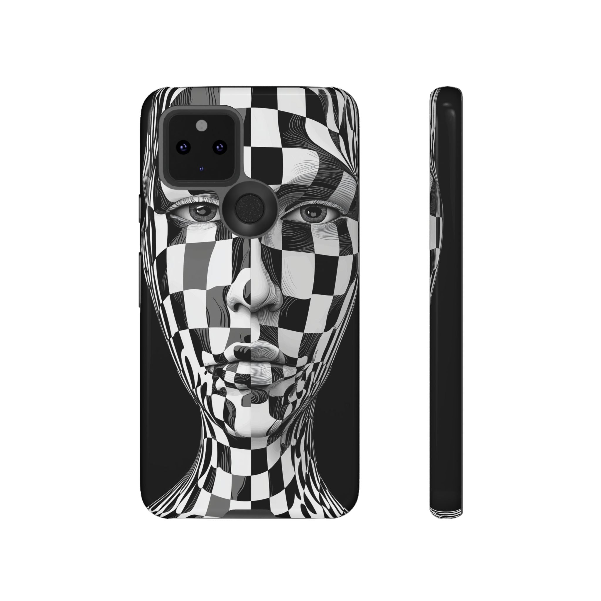 Checkerboard Face Tough Google Pixel Case — Black & White Surreal Art Protective Cover