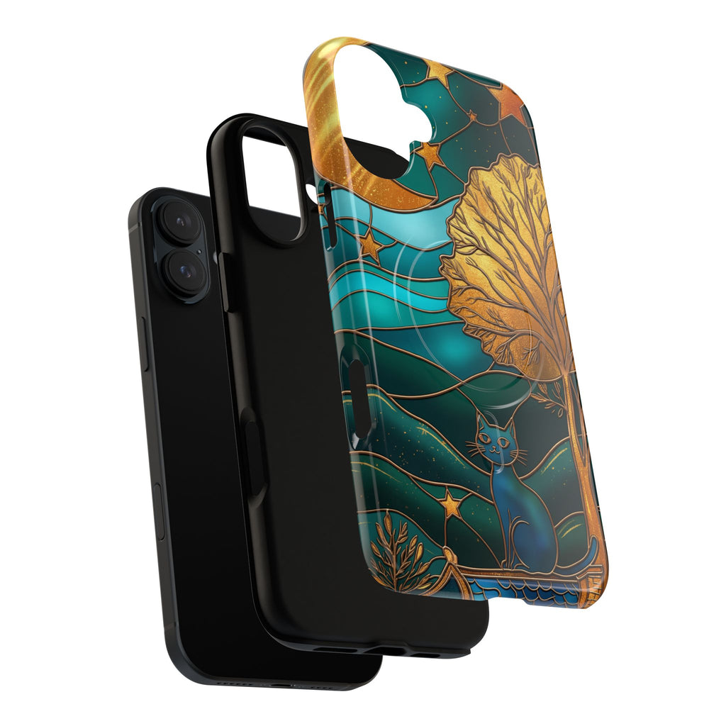 Art Nouveau Cat iPhone Case | Stained Glass Moon & Tree Tough MagSafe Case