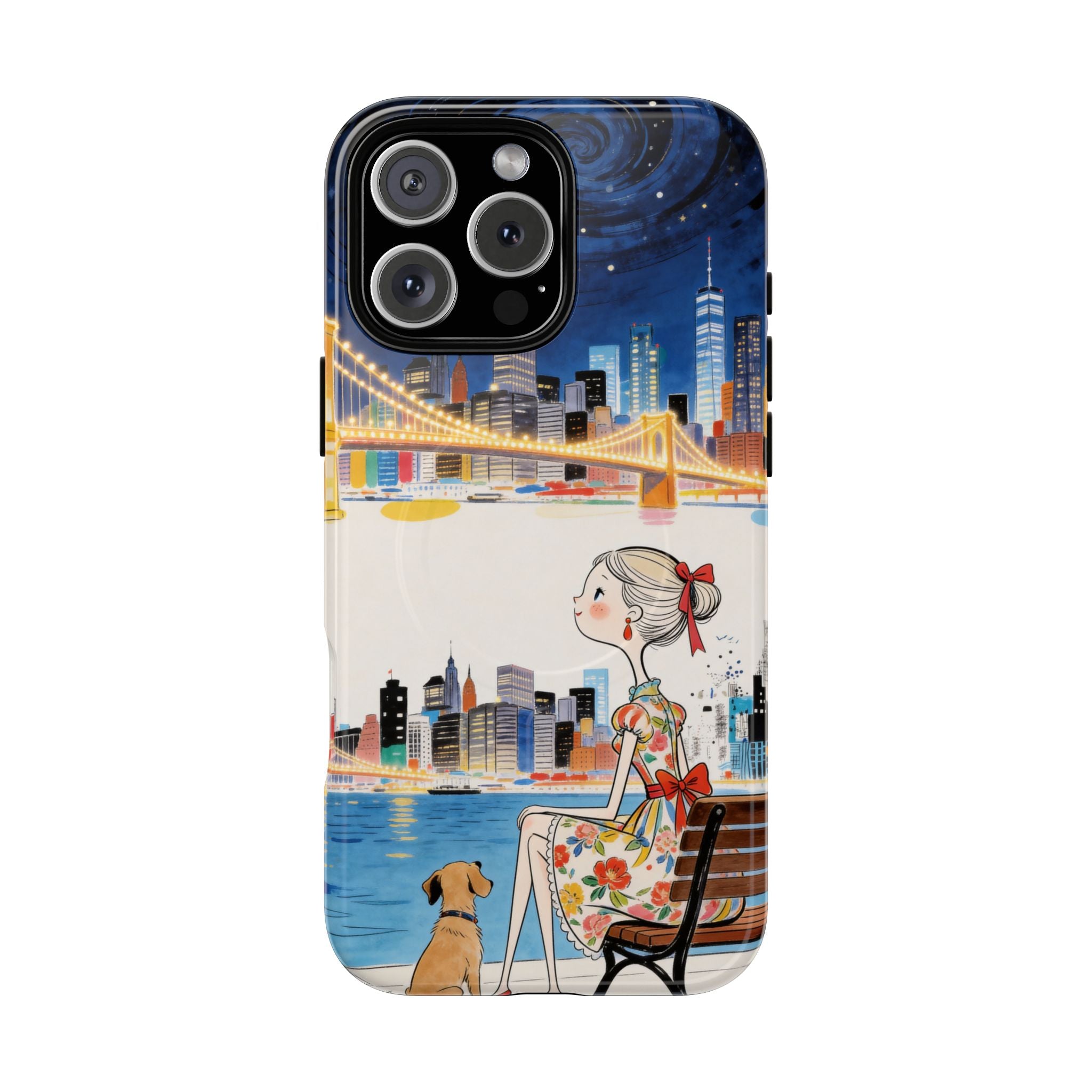 City Night MagSafe iPhone Case | Cute Girl & Dog Bench Illustration
