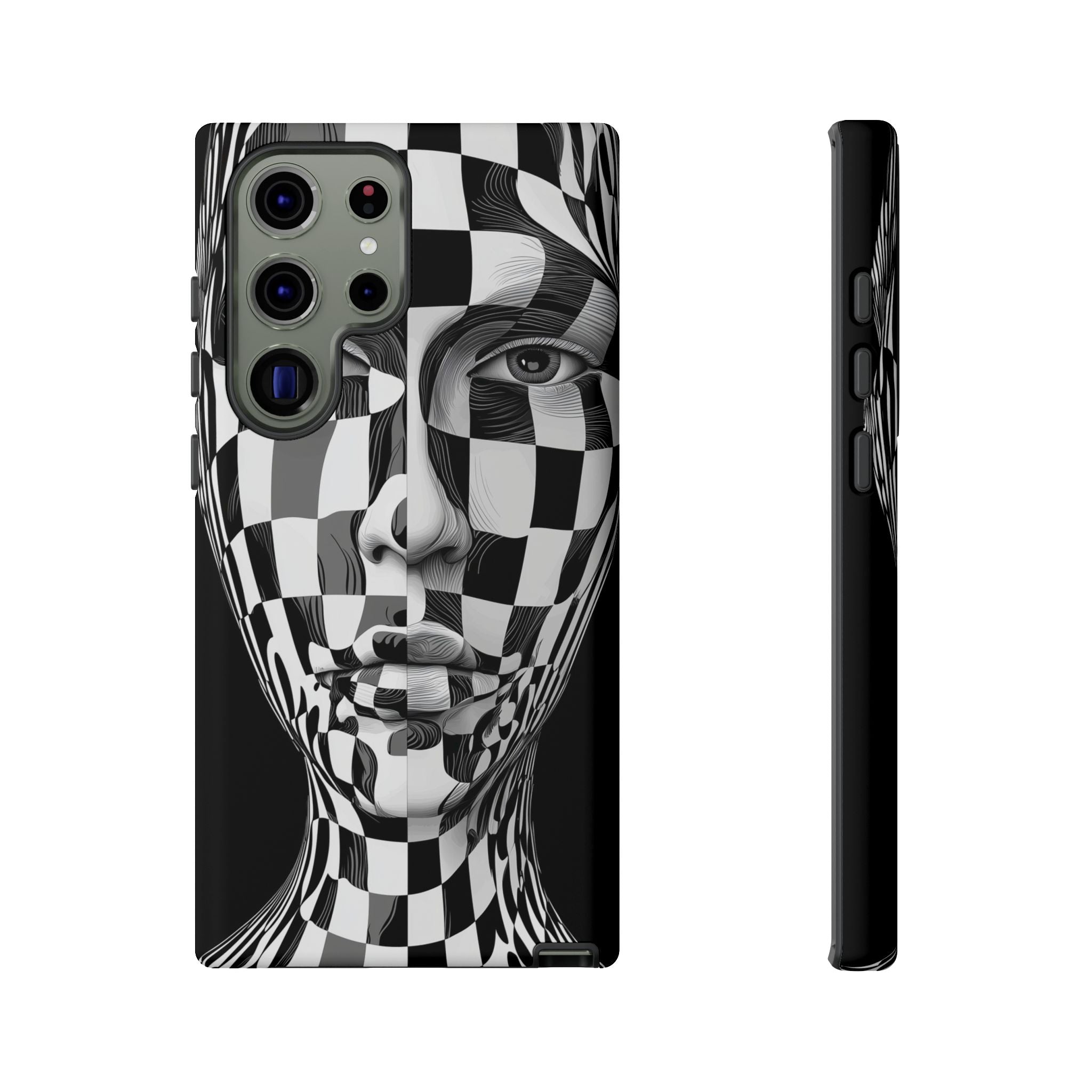 Checkerboard Face Tough Samsung Galaxy Case — Black & White Surreal Art Protective Cover