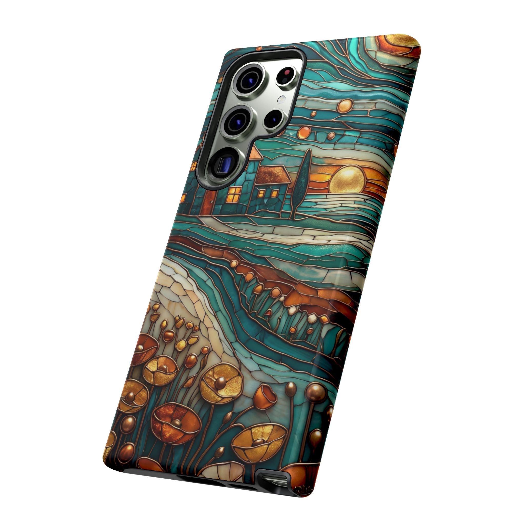 Artistic Sunset Cottage Samsung Galaxy Case | Whimsical Floral Landscape Protective Cover
