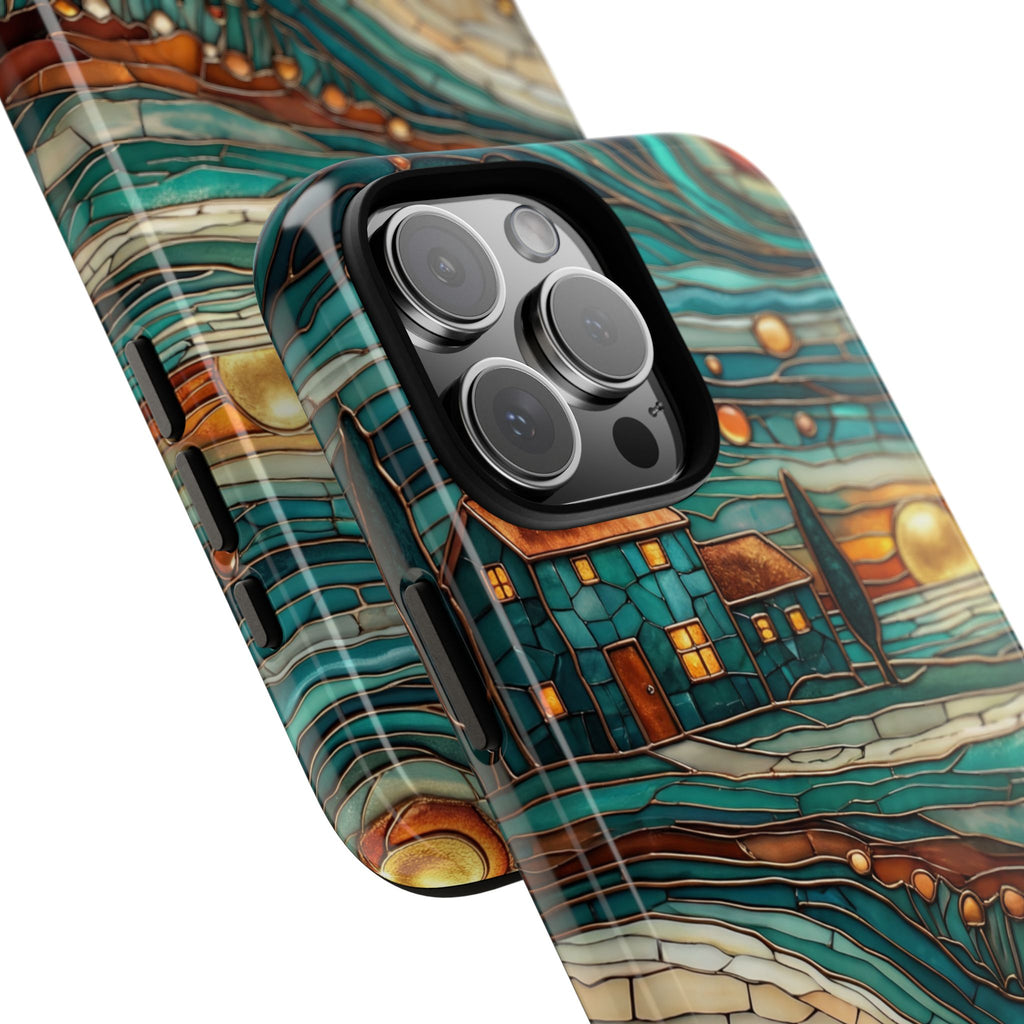 Artistic Sunset Cottage iPhone Case | Whimsical Floral Landscape Protective Cover
