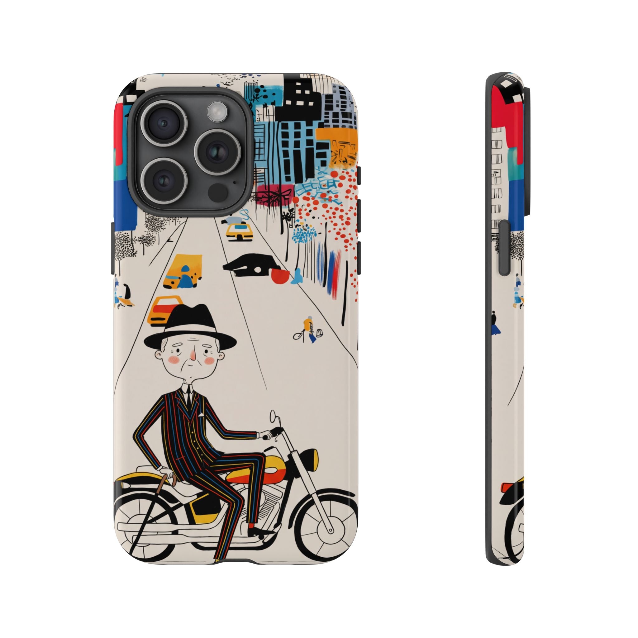 Vintage Grandpa Rider Motorcycle iPhone Case | Illustrated Cityscape