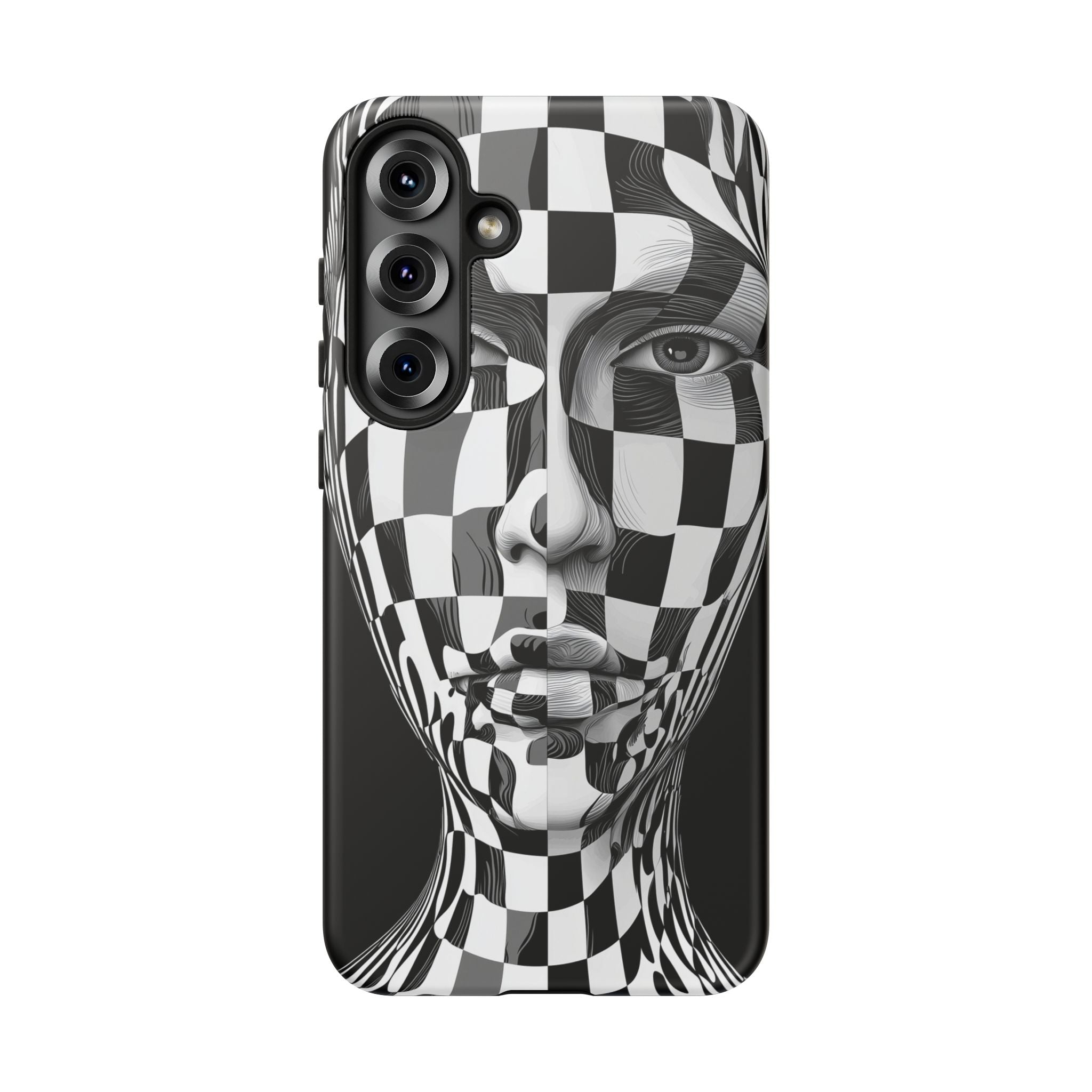 Checkerboard Face Tough Samsung Galaxy Case — Black & White Surreal Art Protective Cover