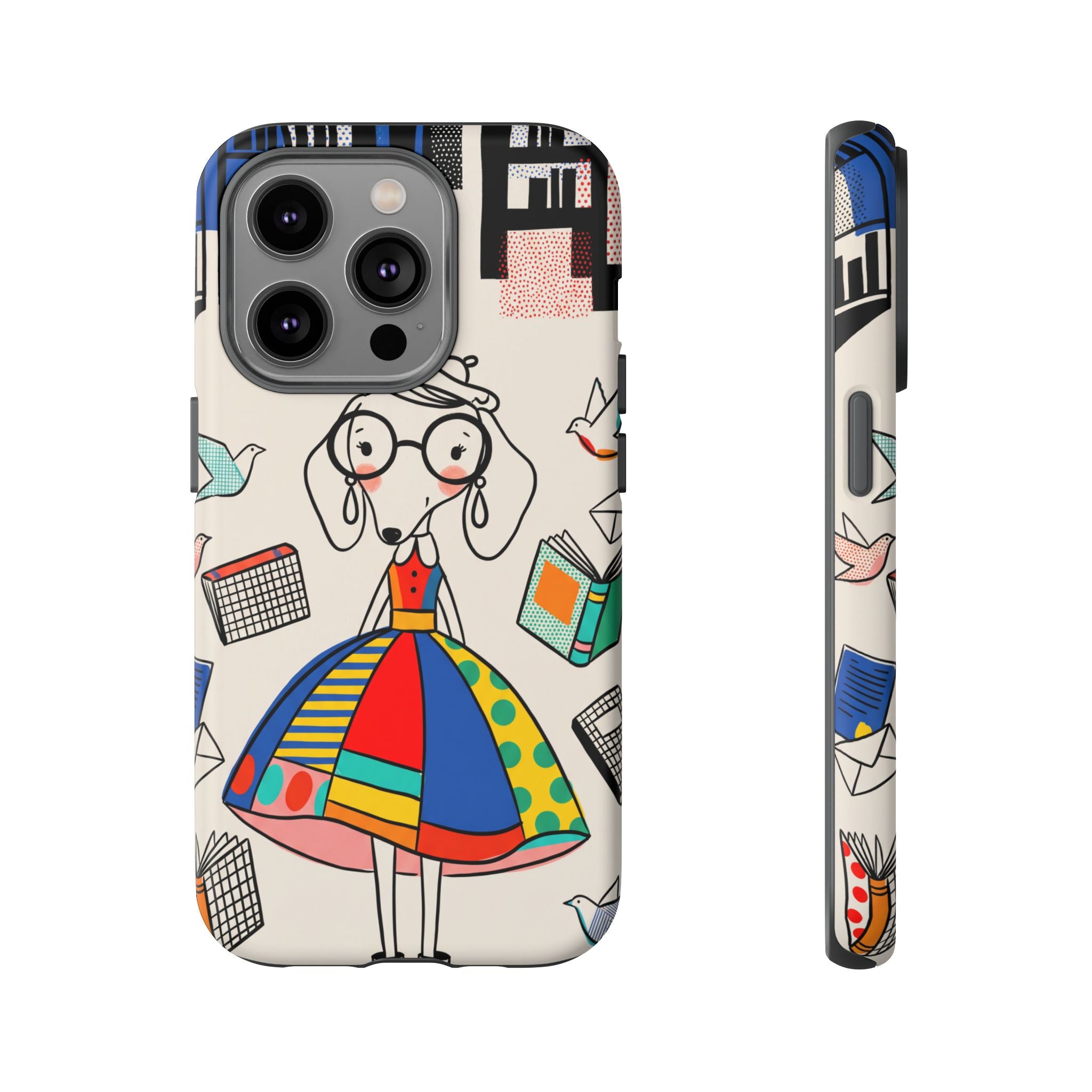 Cute Dachshund Dog Illustration iPhone Case | Colorful Whimsical Book & Bird Design