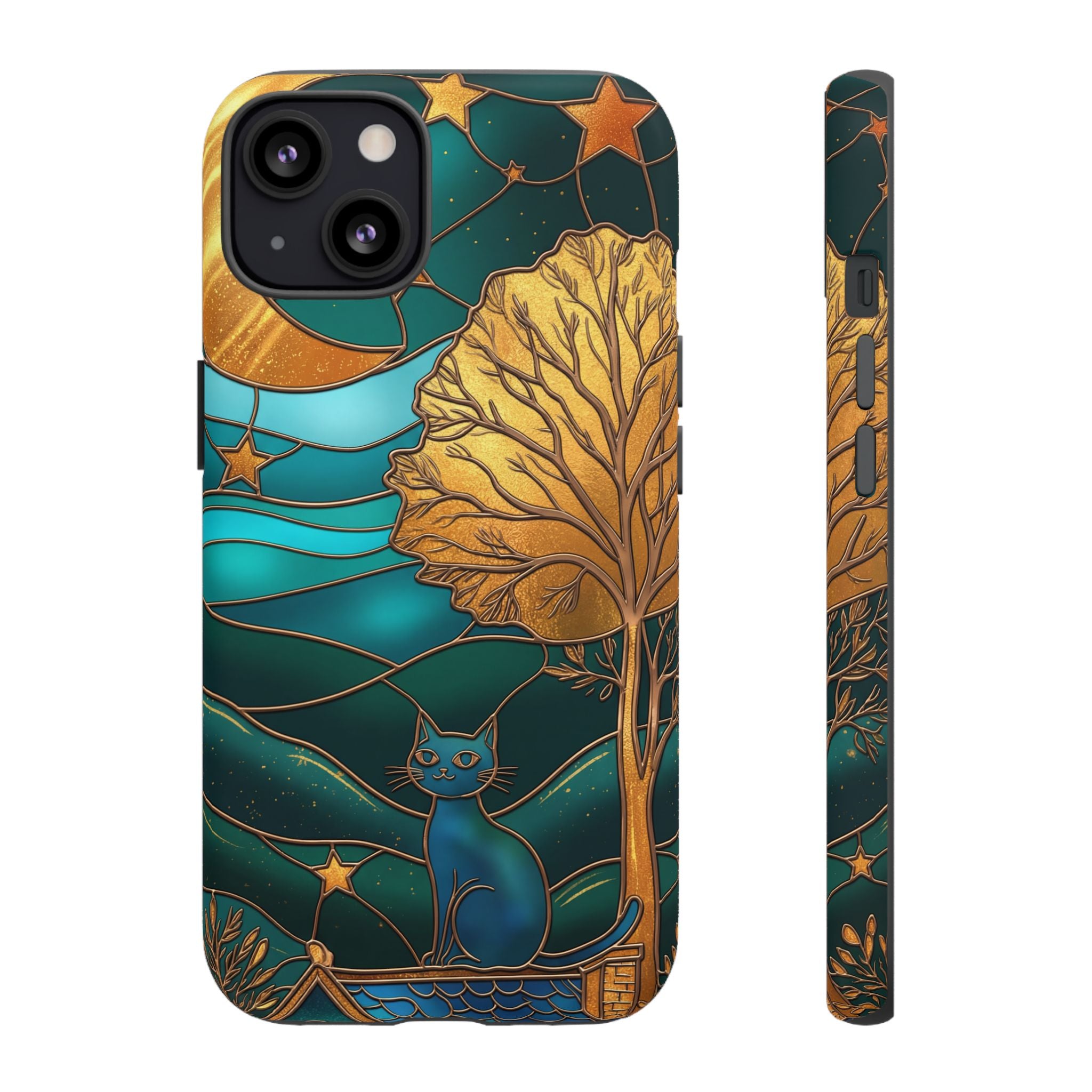 Stained Glass Cat Tough iPhone Case — Gold Tree & Starry Night Design