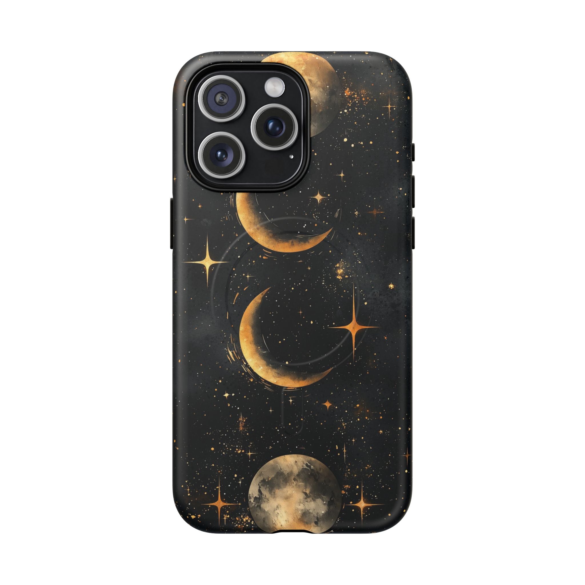 Custodia rigida MagSafe per iPhone con fasi lunari celestiali | Design a forma di galassia con mezzaluna dorata e luna piena