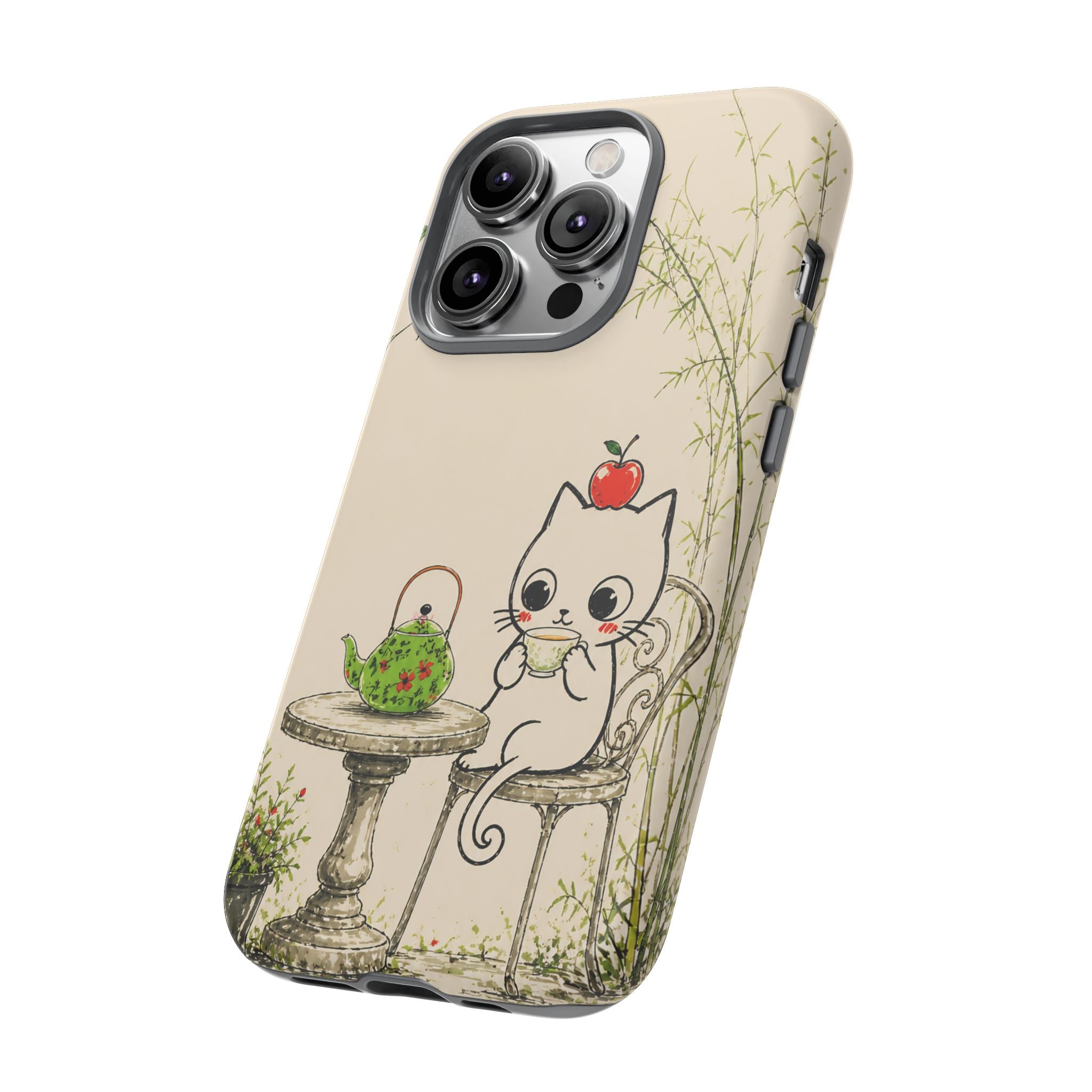 Cute Cat Tea Time iPhone Case | Kawaii Kitten with Apple Design
