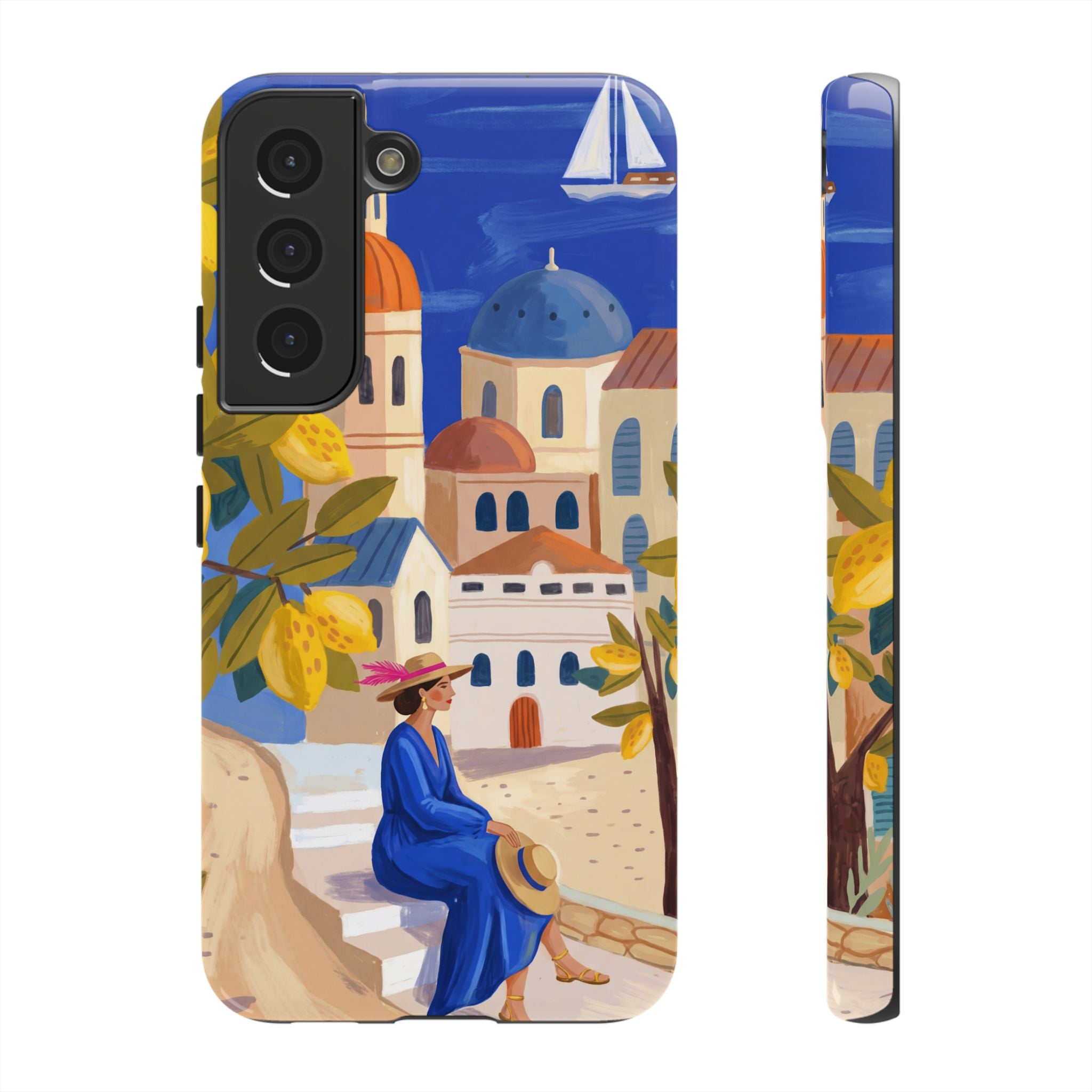 Mediterranean Village Samsung Galaxy Phone Case | Scenic Sailboat & Lemon Grove Design