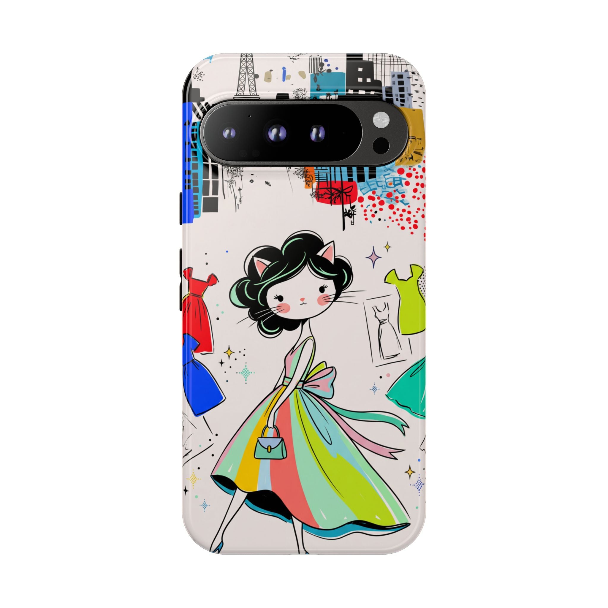 Retro Fashion Cat Girl Google Pixel Phone Case | Cute Dress & City Print