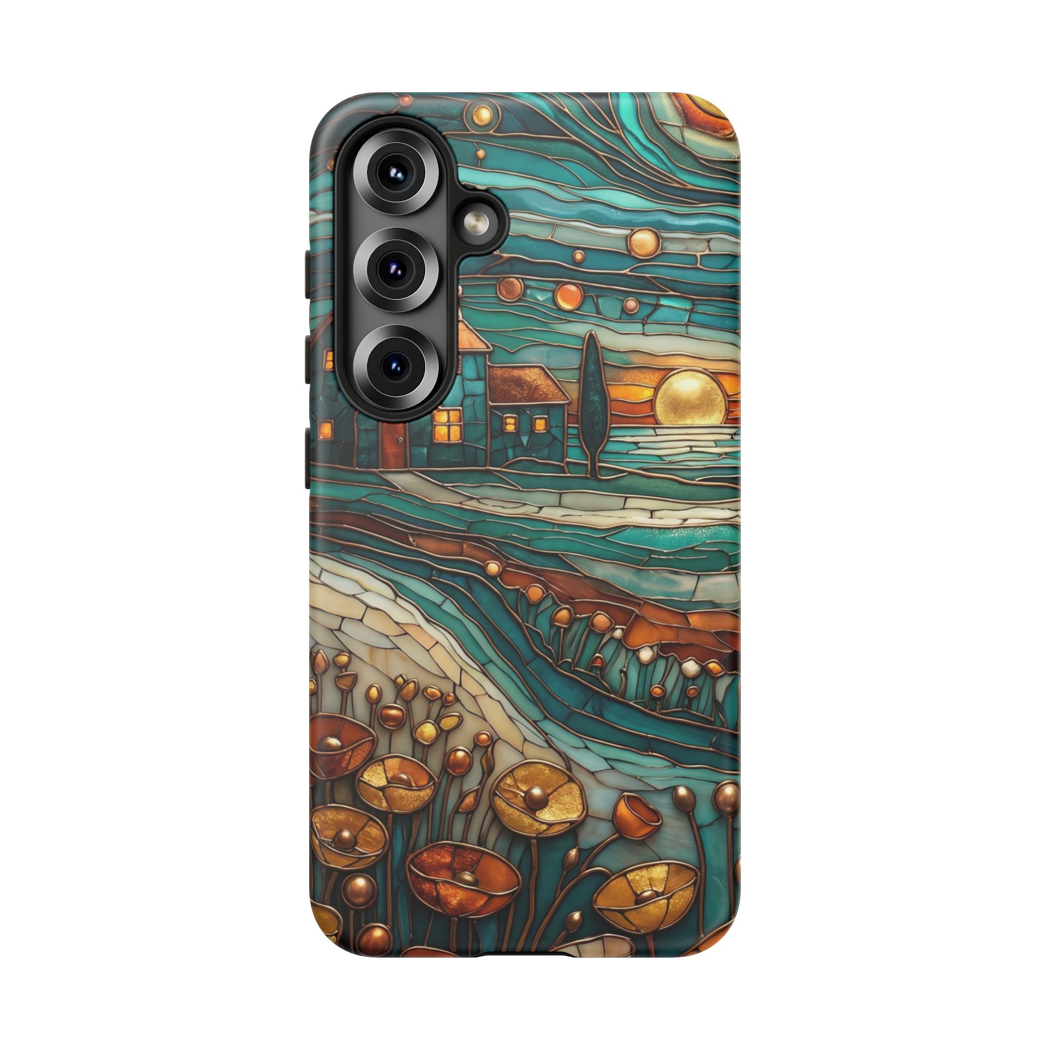 Artistic Sunset Cottage Samsung Galaxy Case | Whimsical Floral Landscape Protective Cover