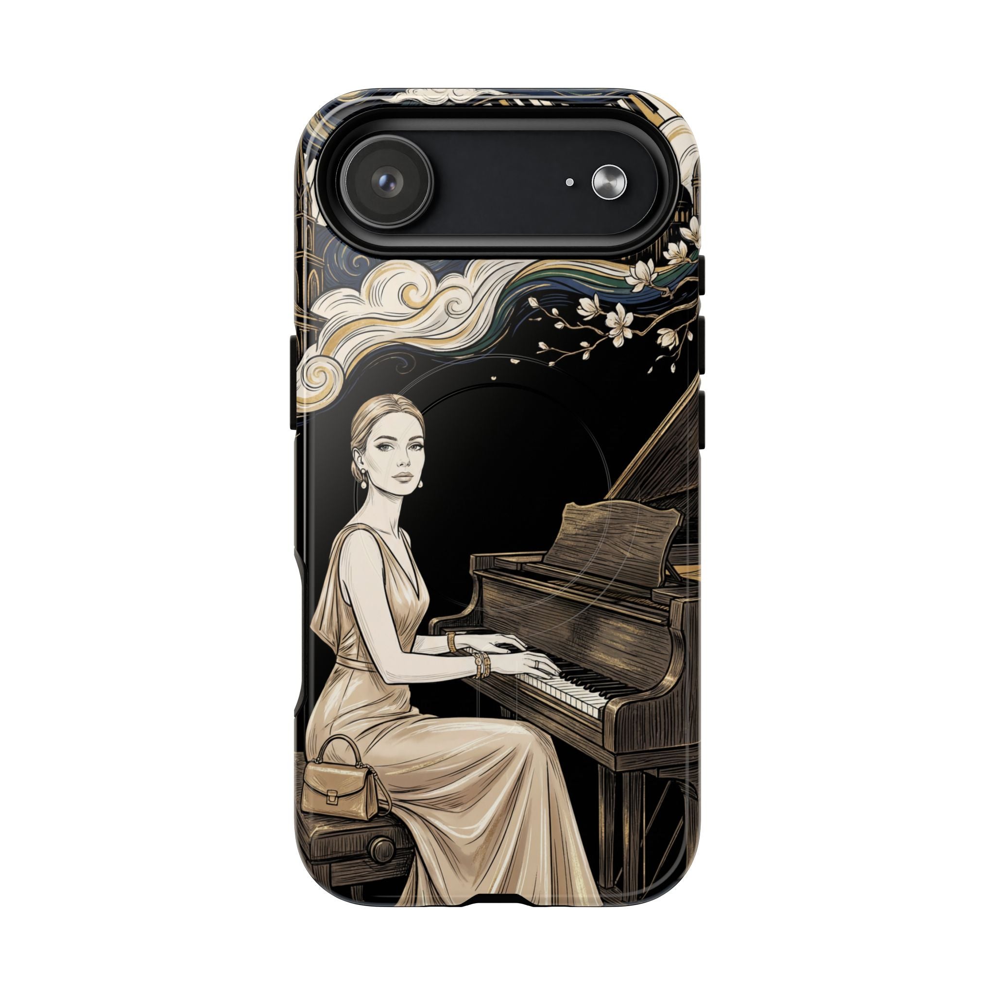 Elegant Piano Woman MagSafe iPhone Case | Vintage Art Deco Music Design