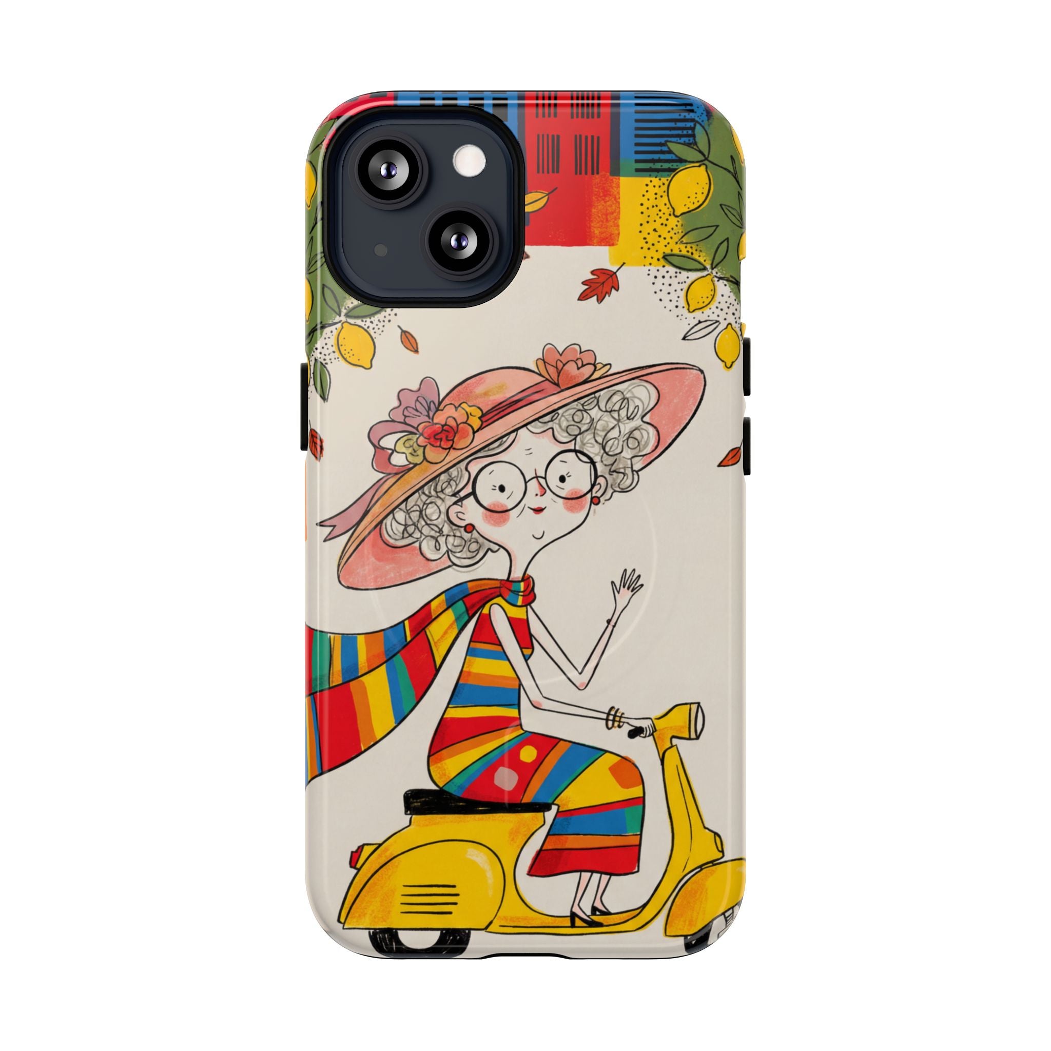 Vintage Scooter Granny MagSafe iPhone Case | Colourful Retro Elderly Lady Design