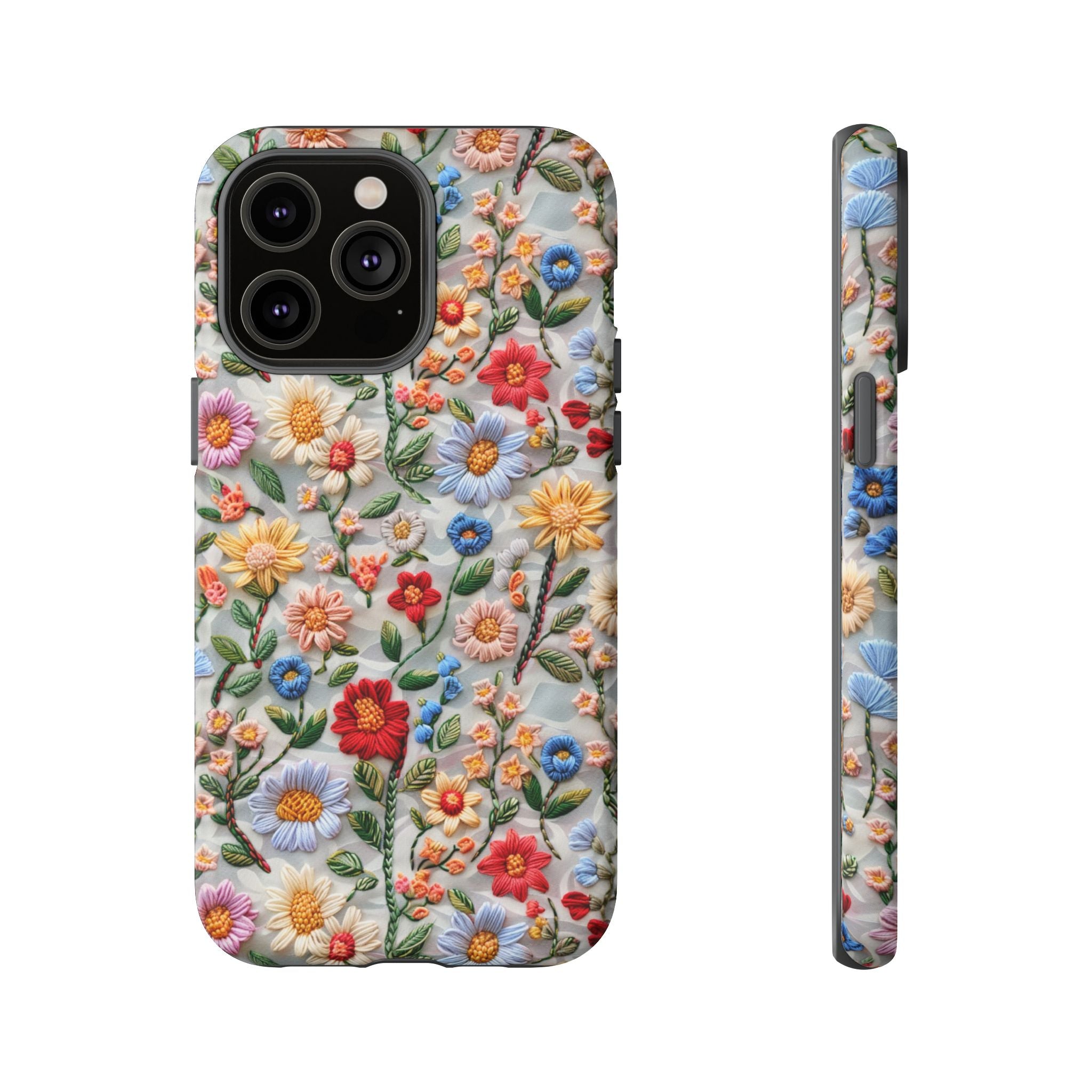 Floral Embroidered Pattern Tough iPhone Case — Colourful Daisy & Wildflower Design
