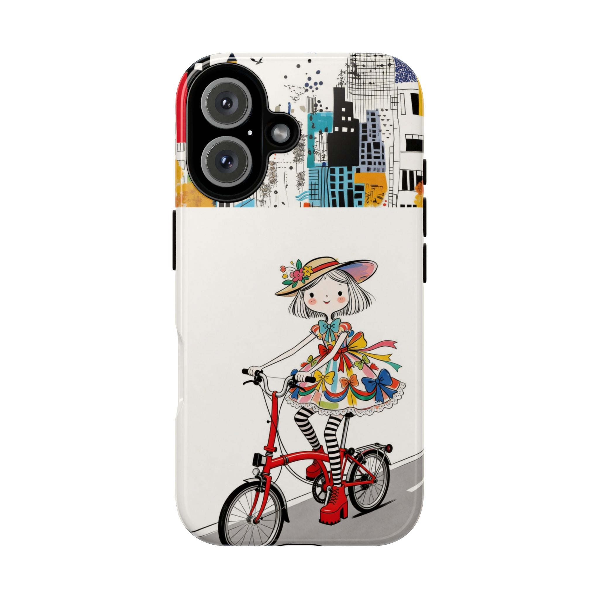 Whimsical Girl on Brompton Bicycle Urban Illustration iPhone Case