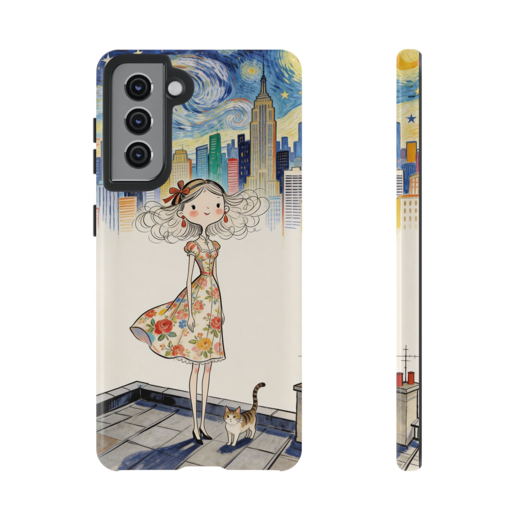 Artistic Girl Cityscape Samsung Galaxy Phone Case | Cute Floral Dress Rooftop Design