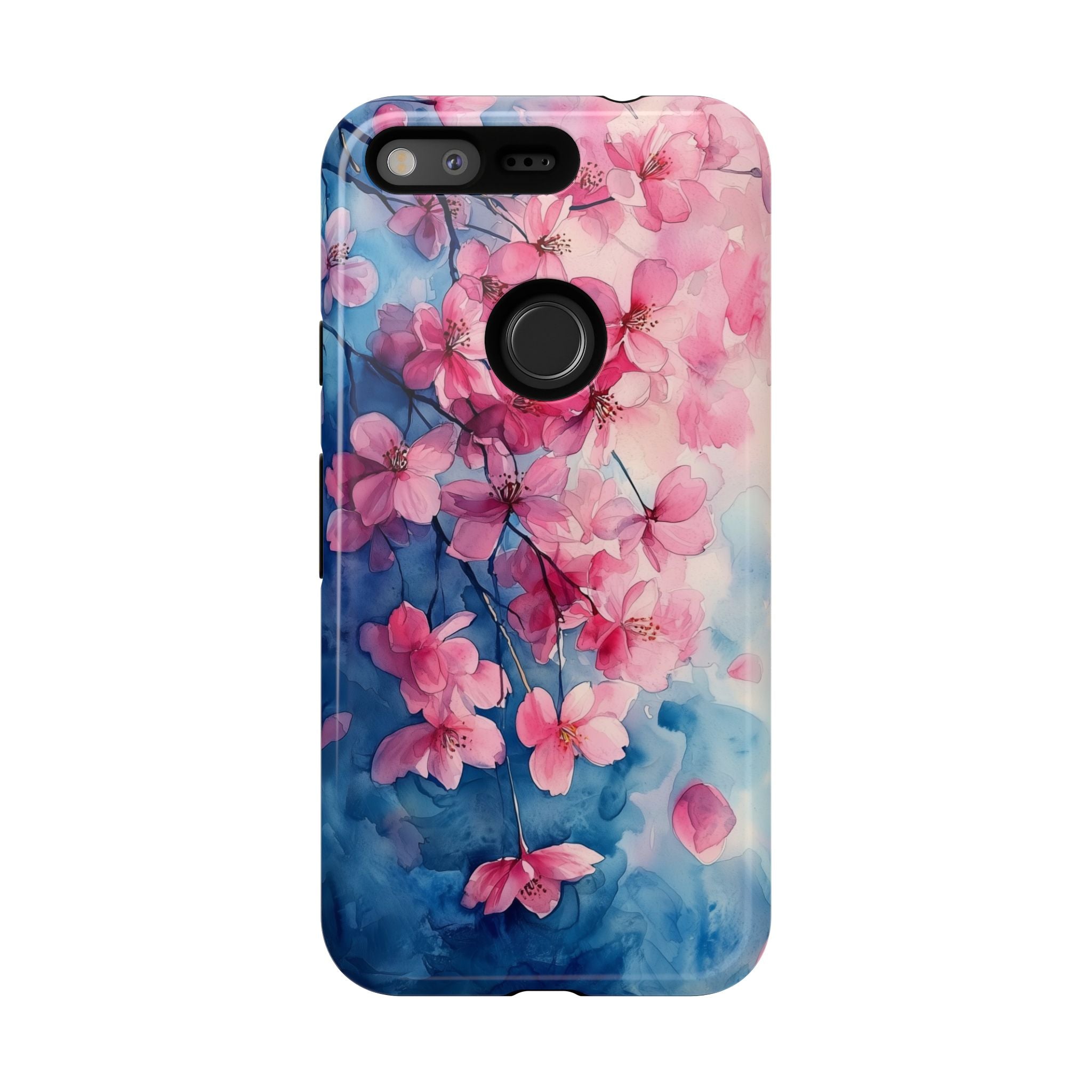 Floral Cherry Blossom Google Pixel Case | Pink Blue Watercolour