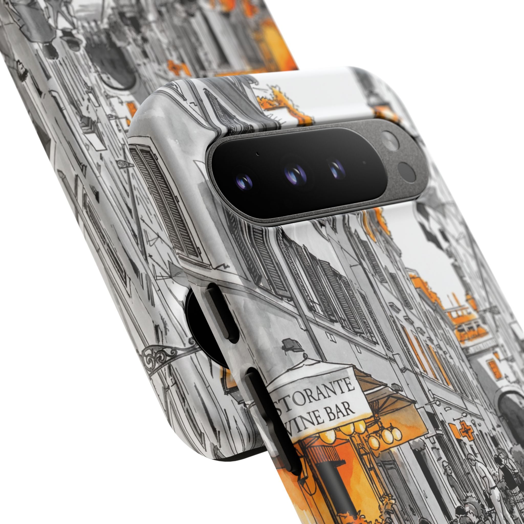 Italy Street Phone Case | Vintage Italian Cafe Sketch with Orange Accents