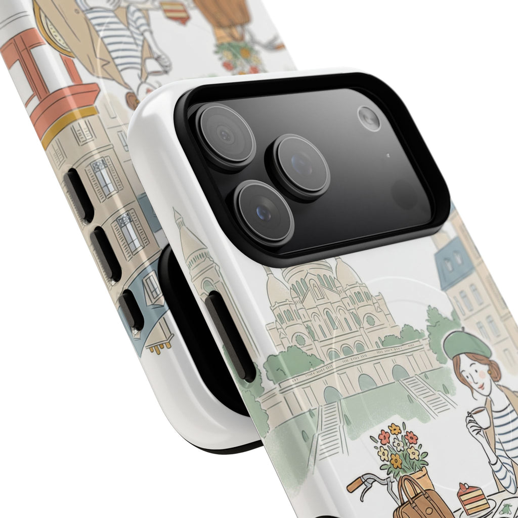 Paris Cafe Illustration MagSafe iPhone Case | Vintage Bicycles & Pigeons Protective Cover