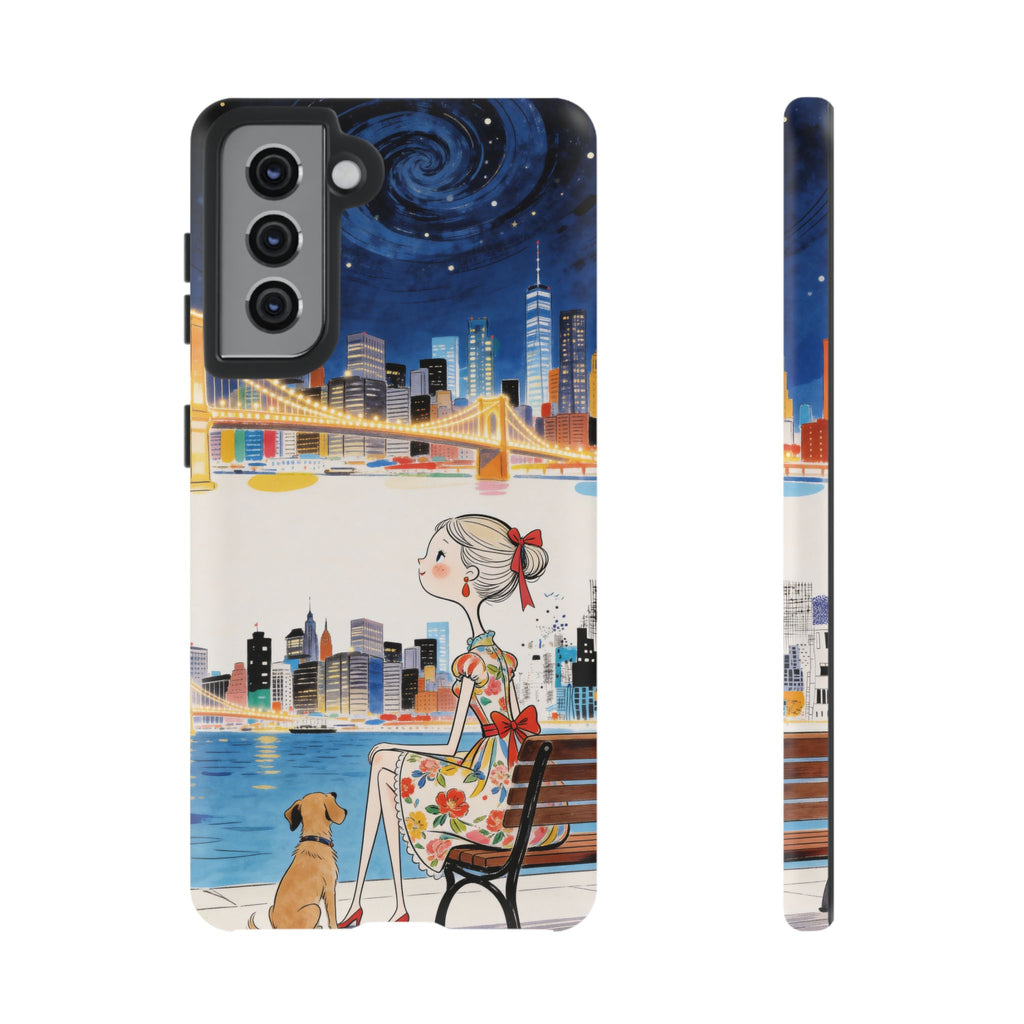 Cover per Samsung Galaxy "City Night" | Illustrazione Ragazza e Cane su Panchina