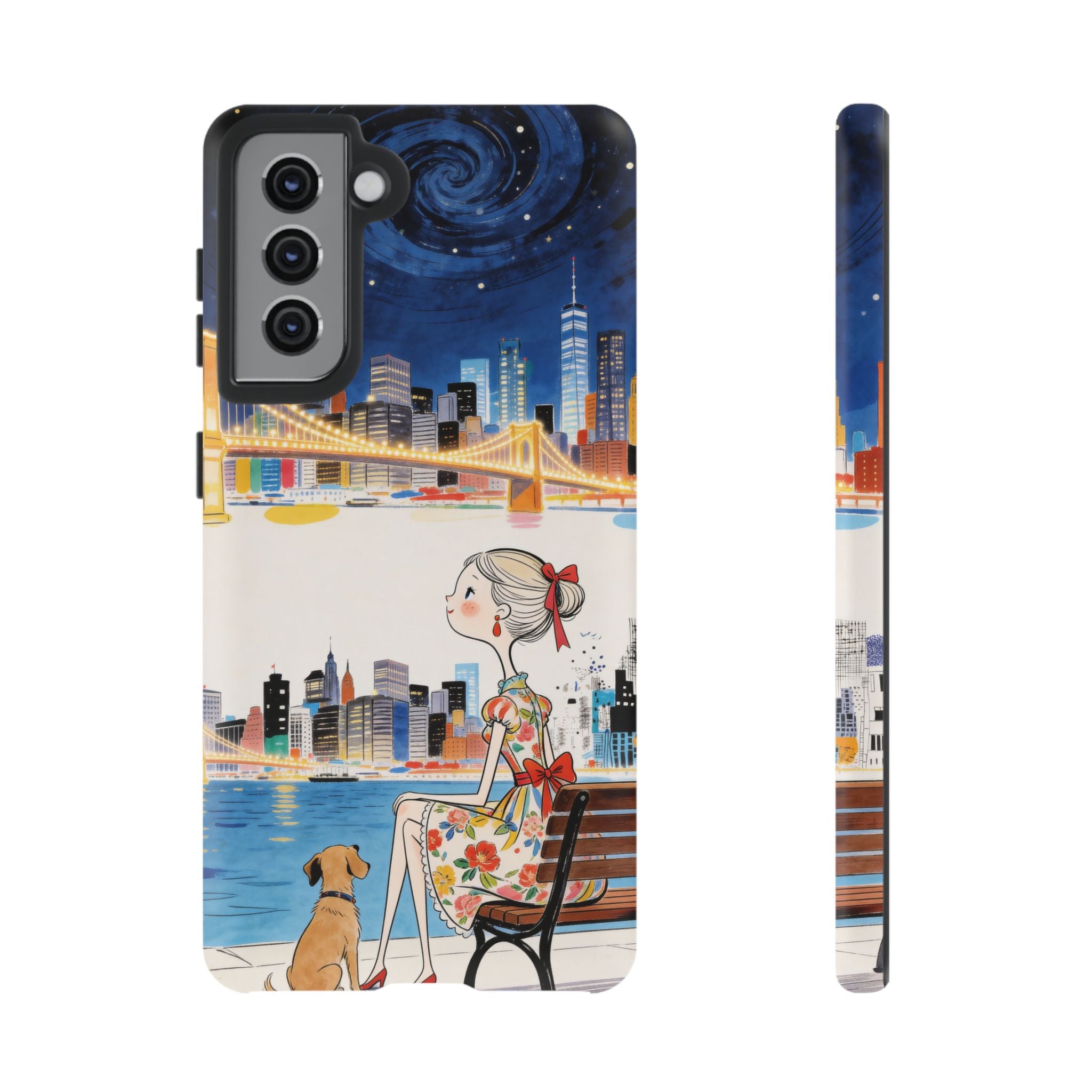 City Night Samsung Galaxy Phone Case | Cute Girl & Dog Bench Illustration