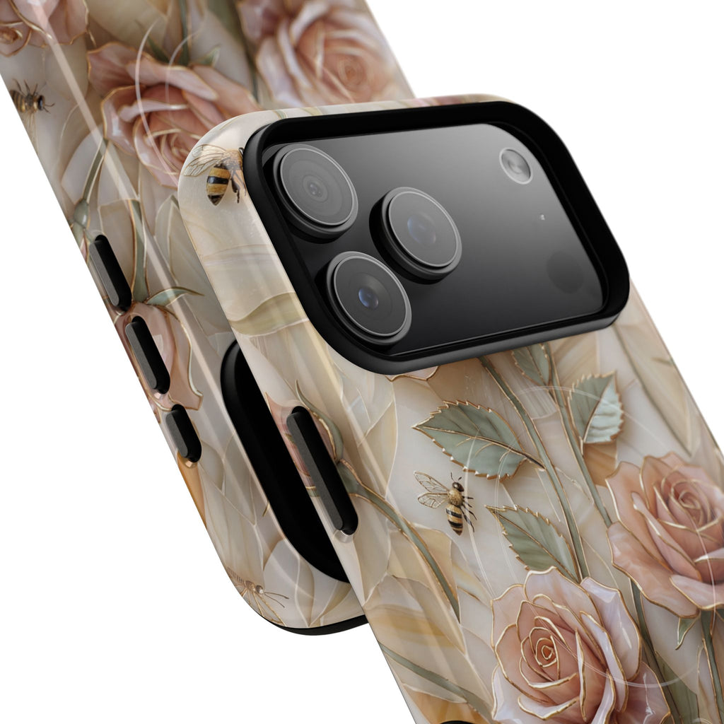 Custodia MagSafe per iPhone resistente con motivo floreale e rosa — Custodia protettiva vintage blush
