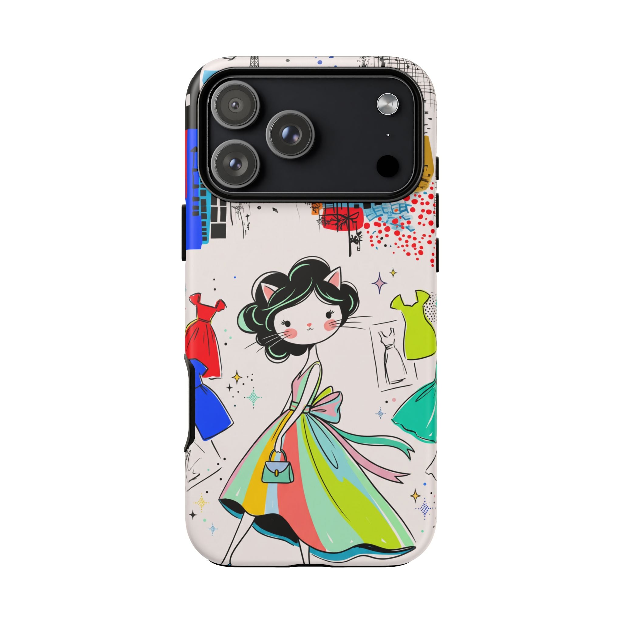Retro Fashion Cat Girl iPhone Case | Cute Dress & City Print