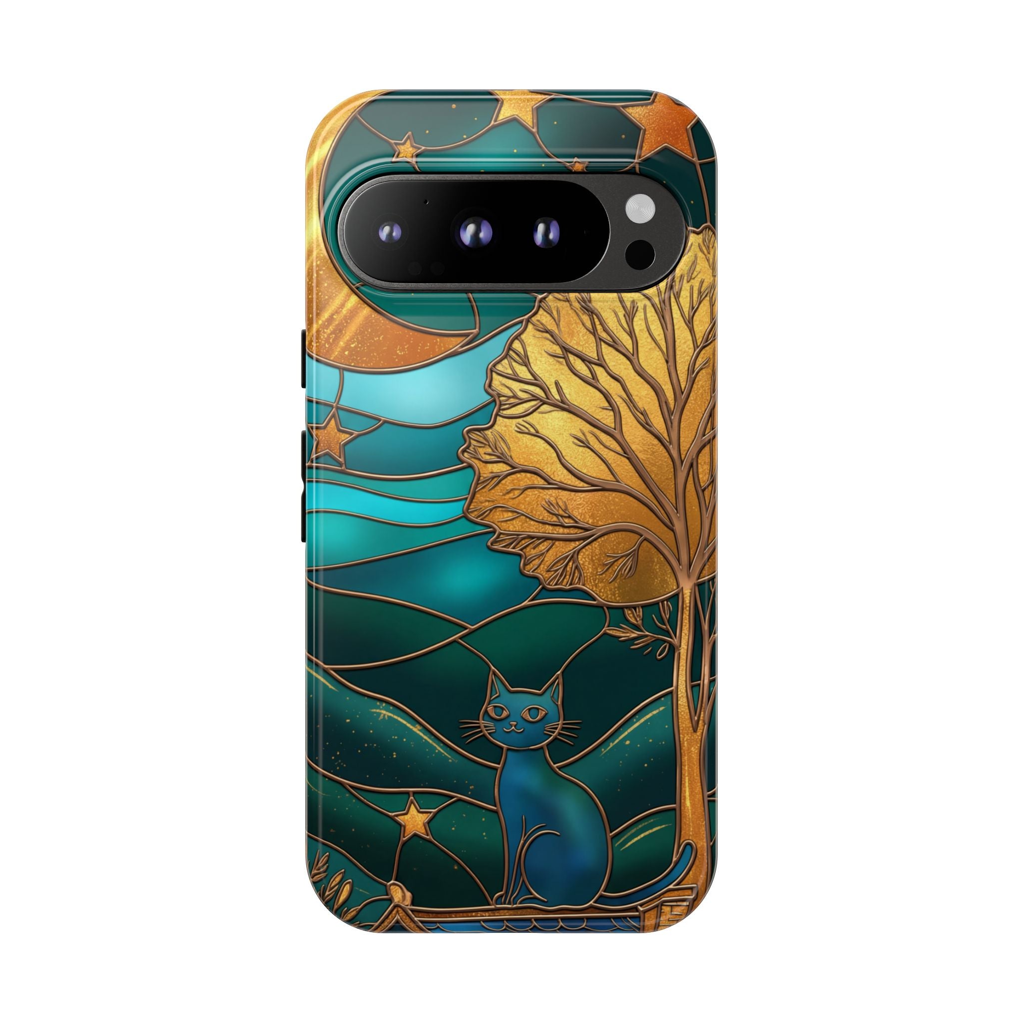 Stained Glass Night Cat Google Pixel Case | Teal & Gold Art Deco Protection