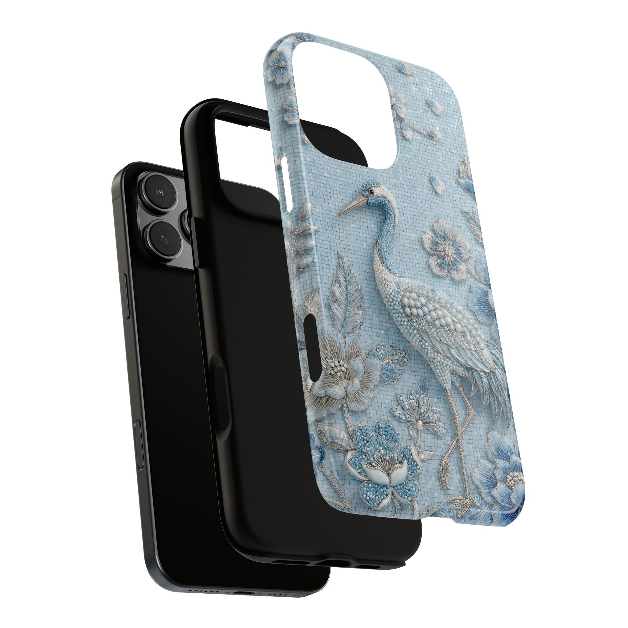 Blue Crane Floral iPhone Case | Vintage Embossed Bird Design