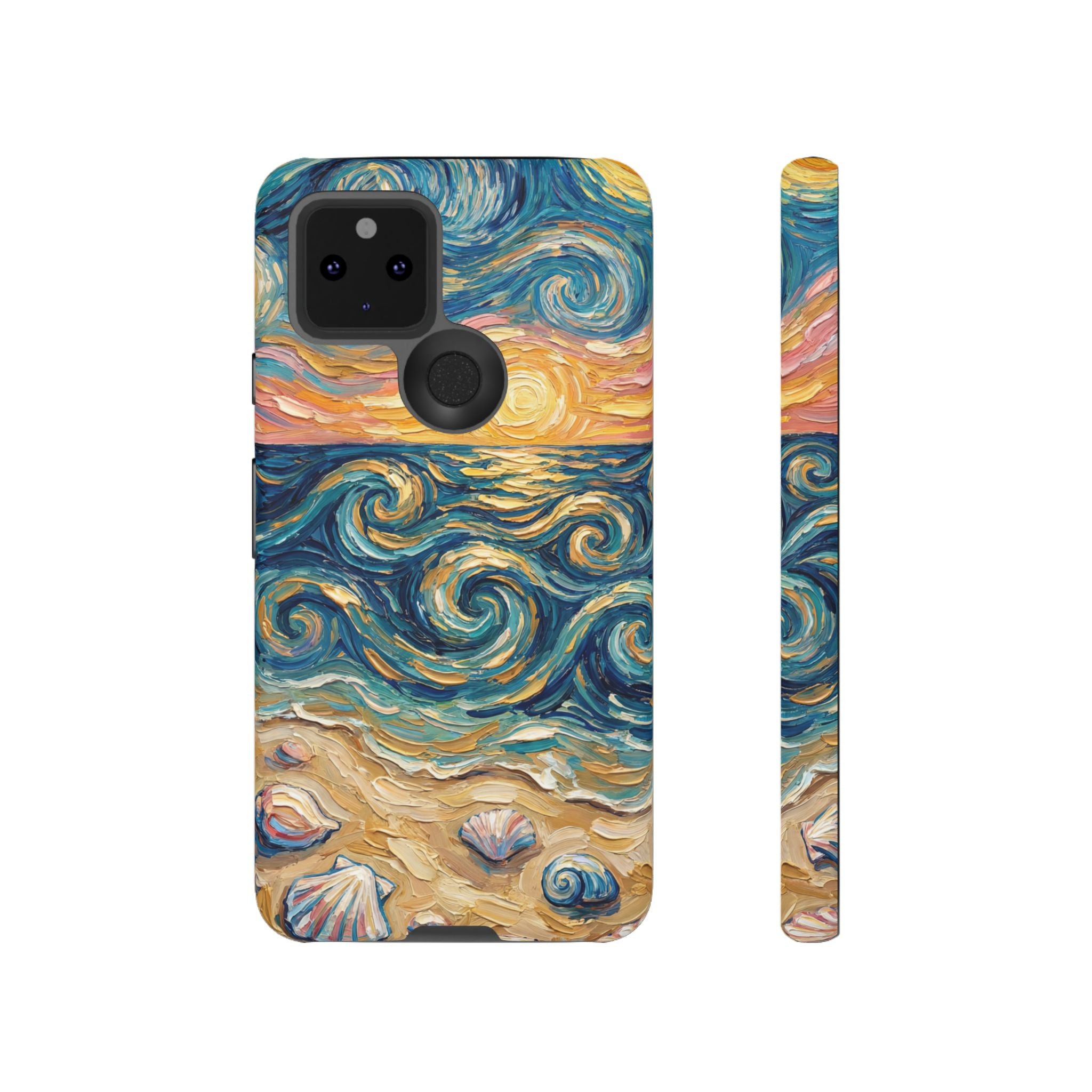 Sea Sunset Google Pixel Case — Van Gogh‑Style Beach Waves with Shells