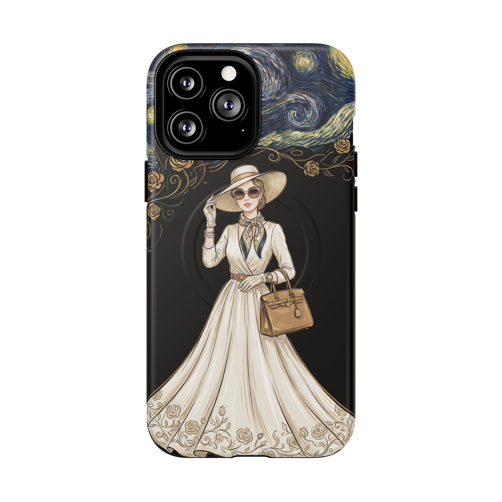 Vintage Starry Night Fashion MagSafe iPhone Case | Elegant Lady in White Dress