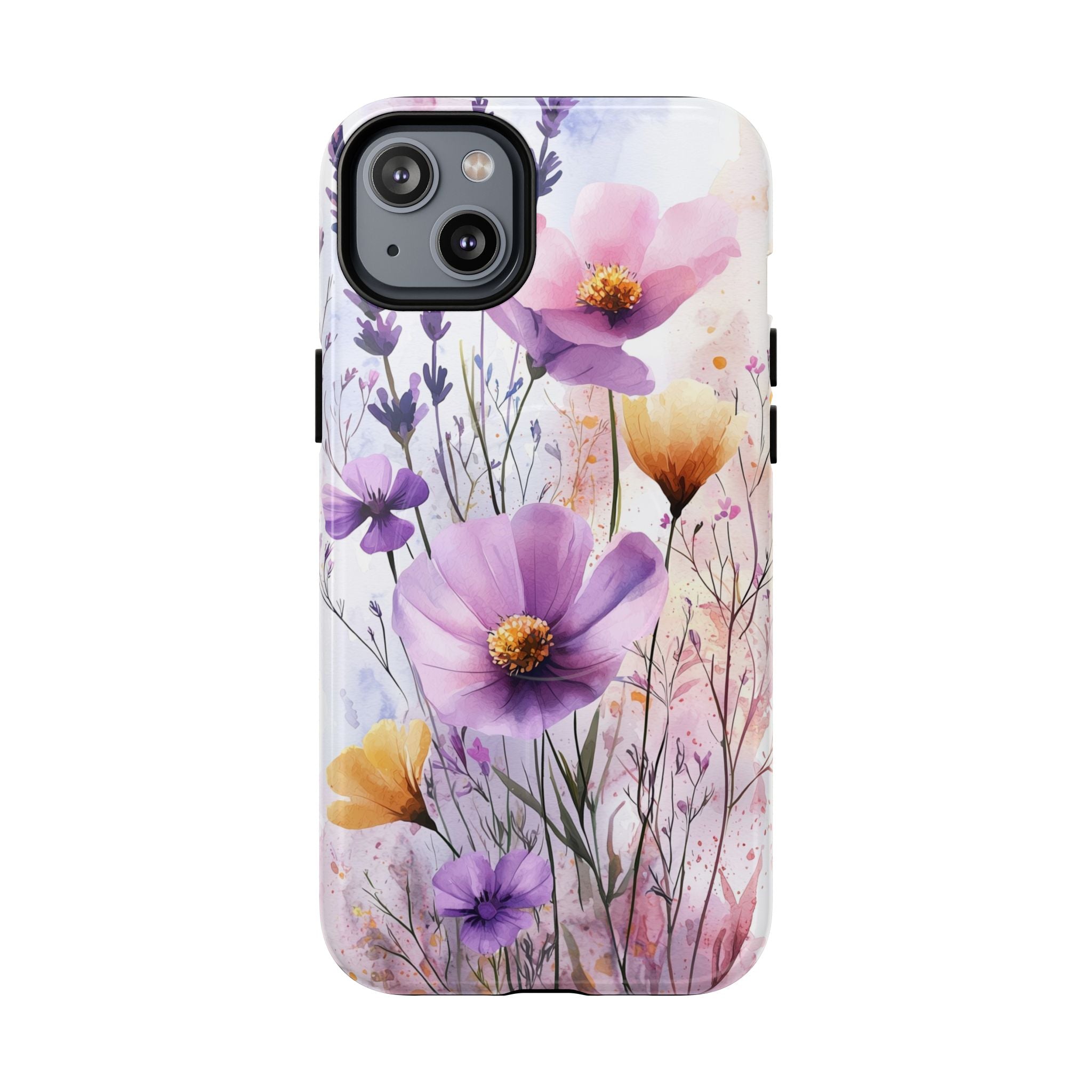 Custodia MagSafe resistente per iPhone con motivo acquerello floreale | Fiori di campo viola e gialli