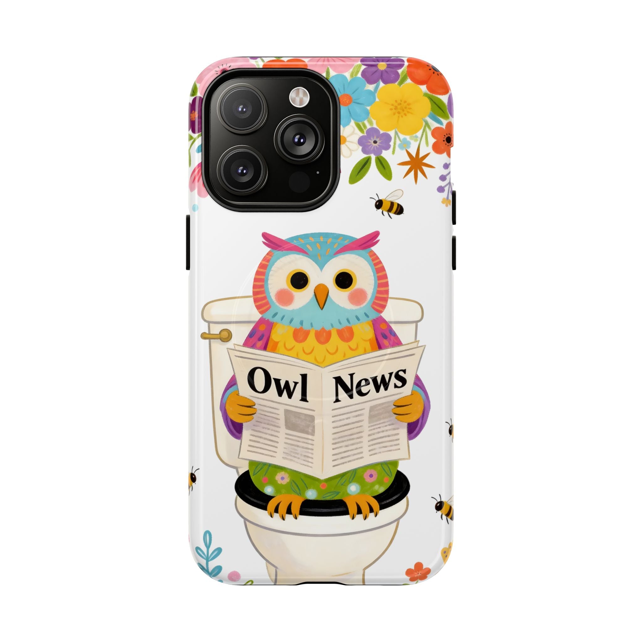 Owl News Floral MagSafe iPhone Case | Cute Owl Reading Newspaper on Toilet