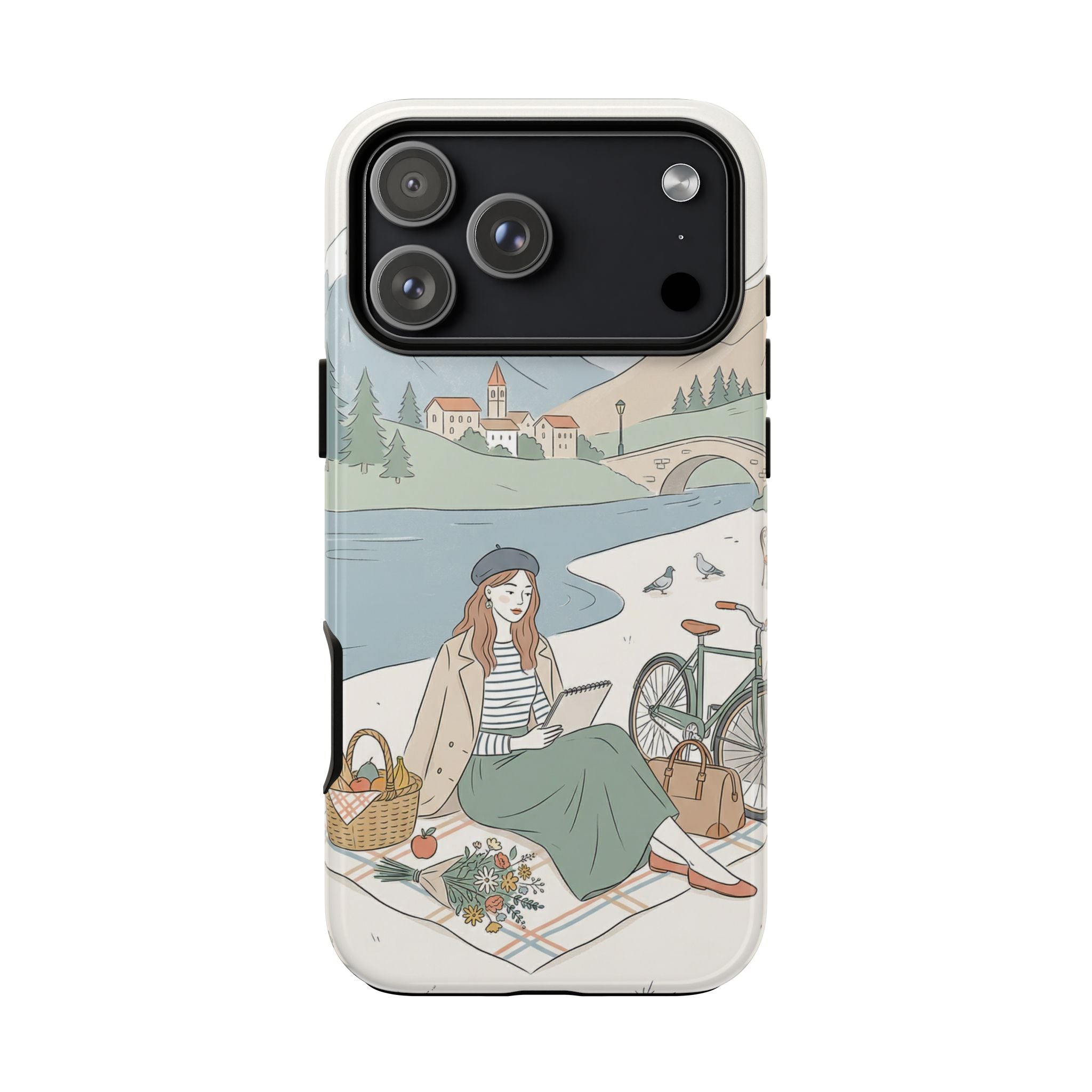 Scenic Picnic iPhone Case | Vintage Bicycle & Mountain Illustration