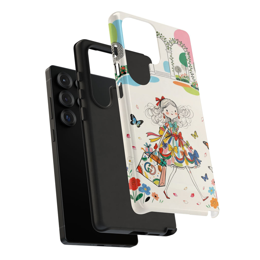 Whimsical Shopping Girl Samsung Galaxy Phone Case | Cute Floral Butterfly Tough Case