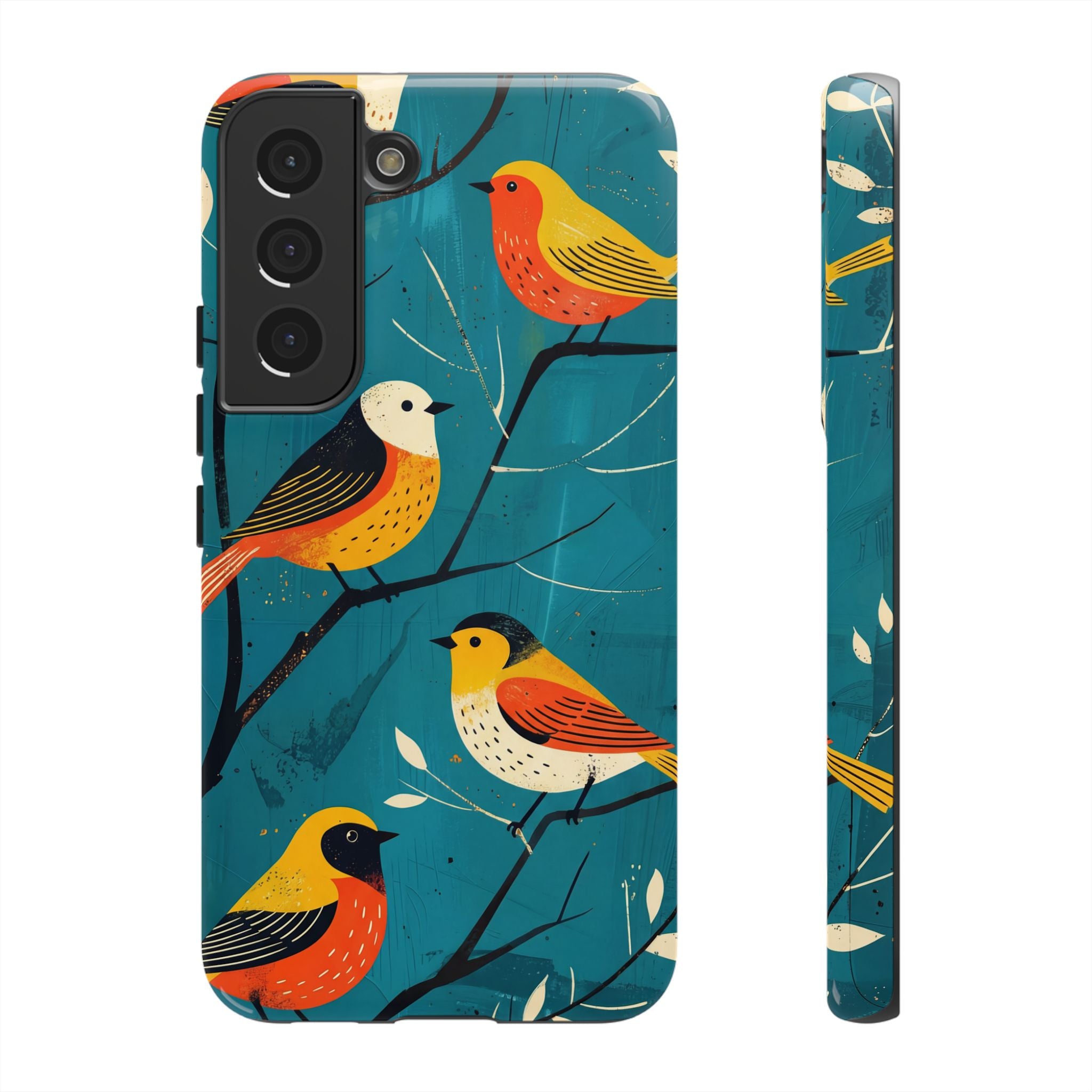 Bird Pattern Tough Samsung Galaxy Phone Case | Colourful Songbirds on Teal Background